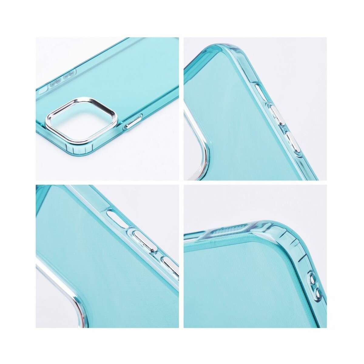 Primo piano di una custodia per telefono turchese trasparente con pulsanti argentati e anello per fotocamera.