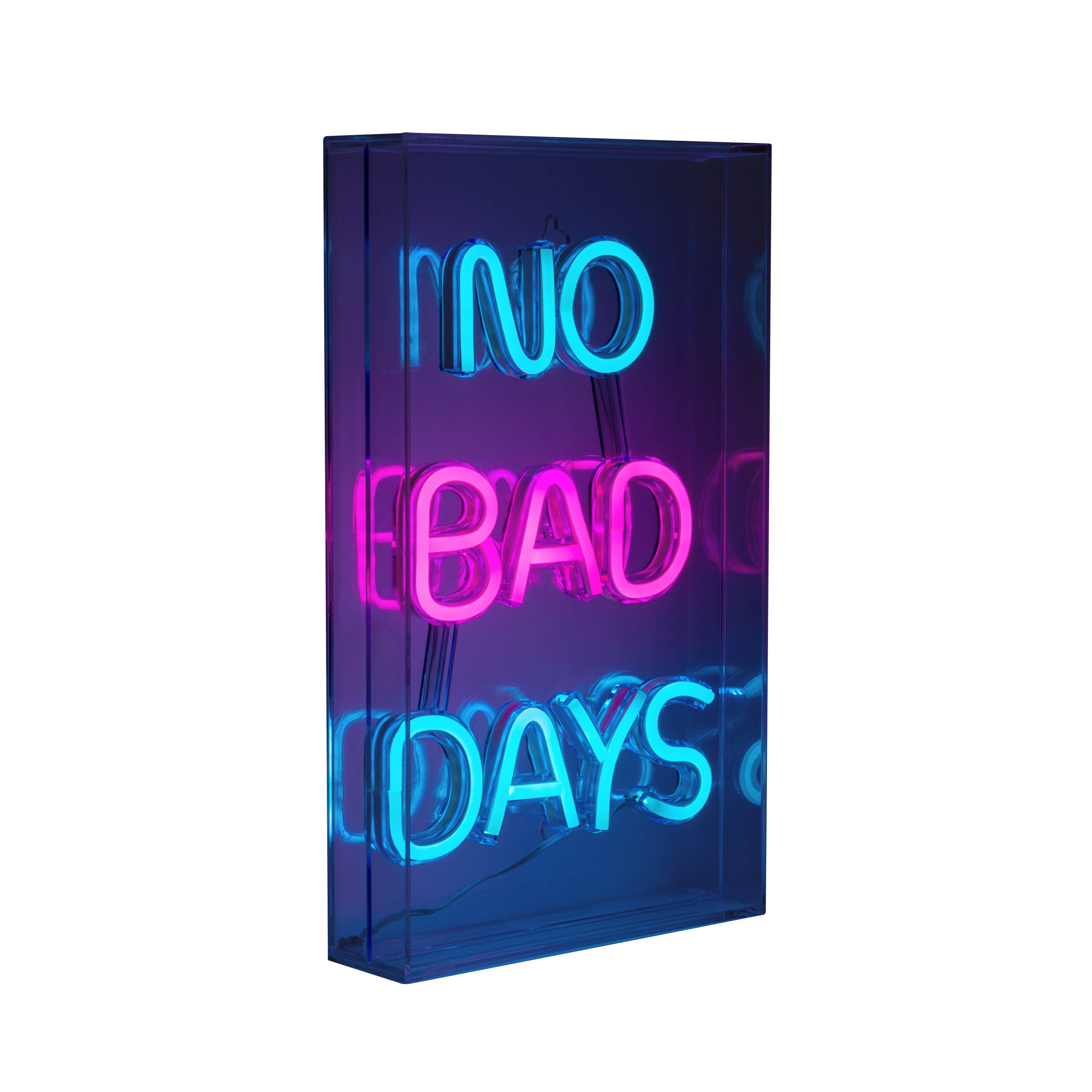 Neonschild in einer Box mit der Aufschrift NO BAD DAYS. Die Buchstaben sind blau und pink.