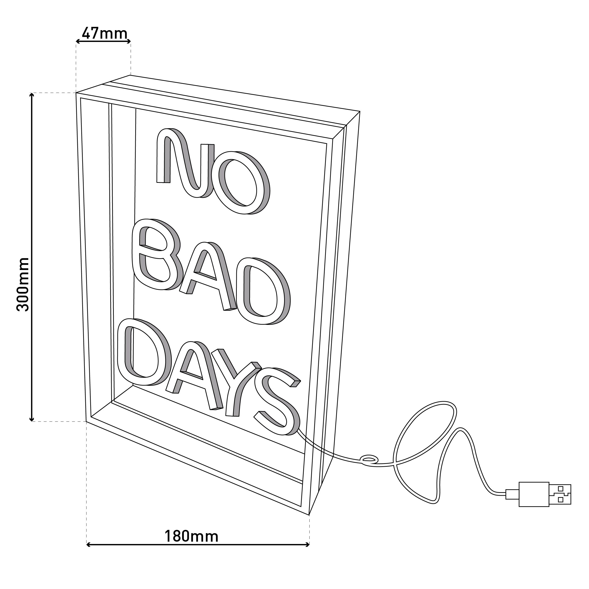 Ein Neonschild mit den Worten 'NO BAD DAYS' in weißen Buchstaben in einem schwarzen Rahmen. USB-Kabel.