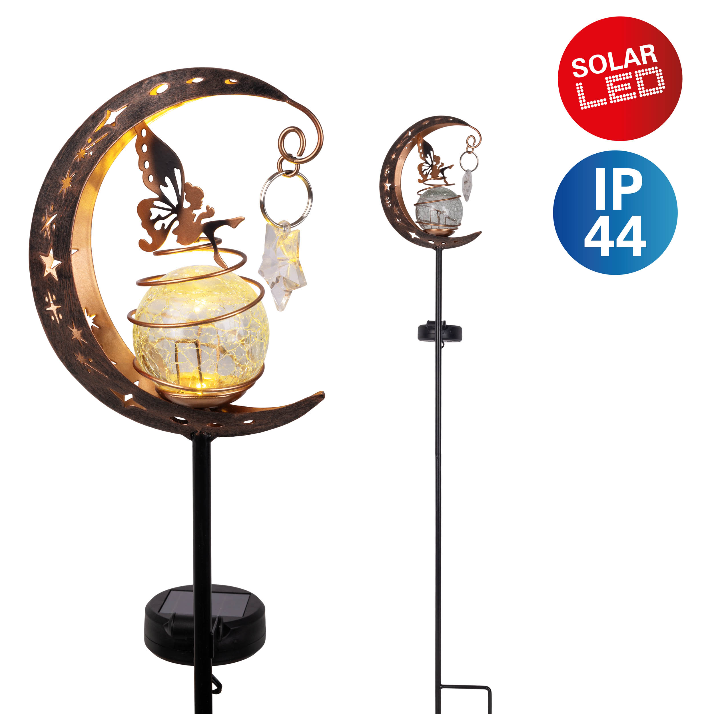 Zwei Solar-Gartenleuchten, eine mit Mond- und Feendesign, die andere ein einfacher Pfahl. Beide haben Solar-LED.