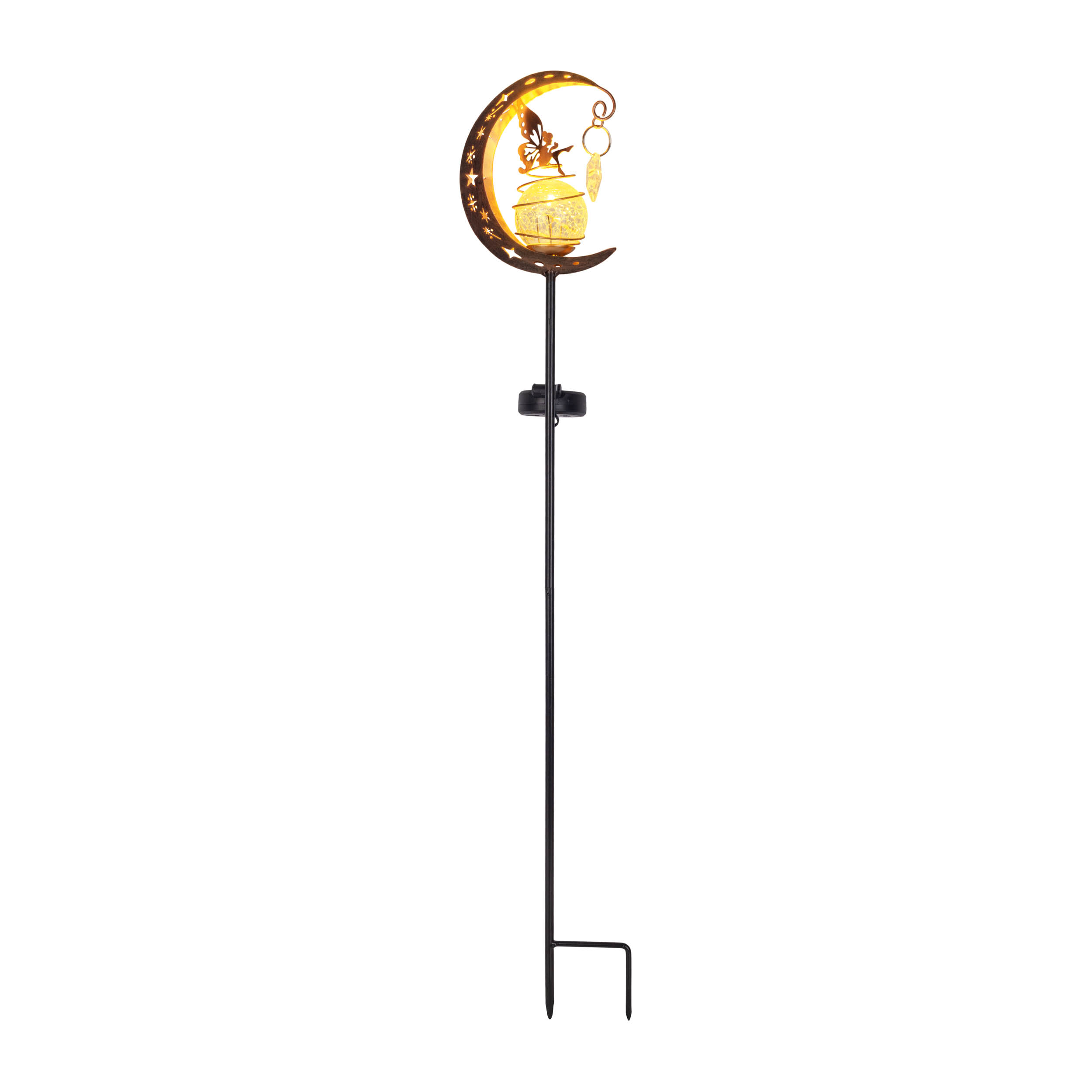 Ein solarbetriebener Gartenpfahl mit Mond- und Laternen-Design. Es ist schwarz mit einem Metallpfahl zur Platzierung im Boden.