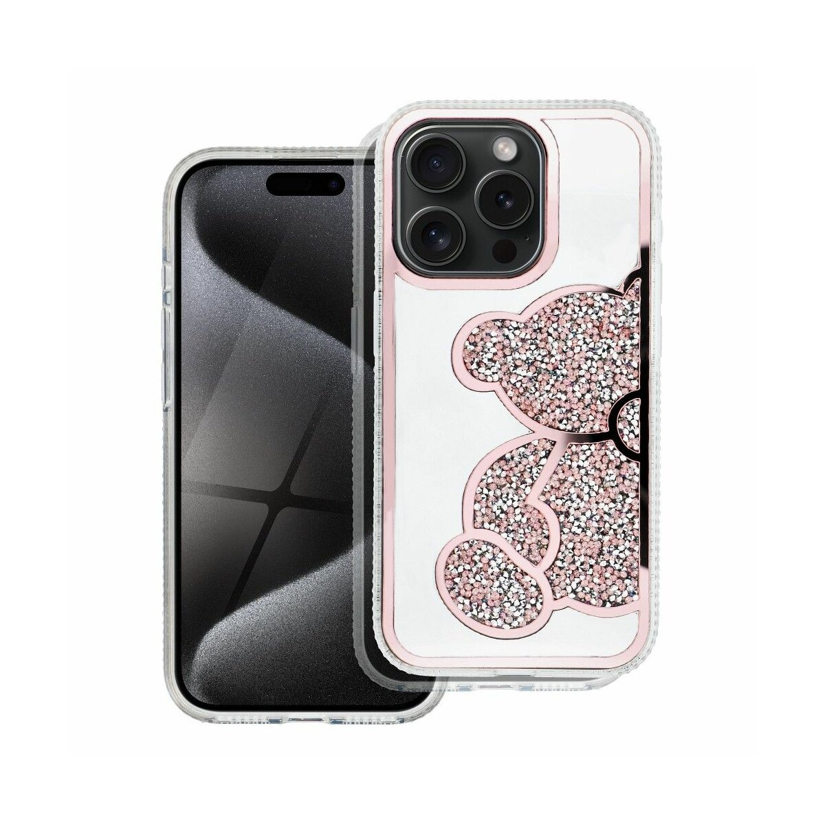 Telefono con schermo nero e custodia con sfondo bianco e orso rosa.