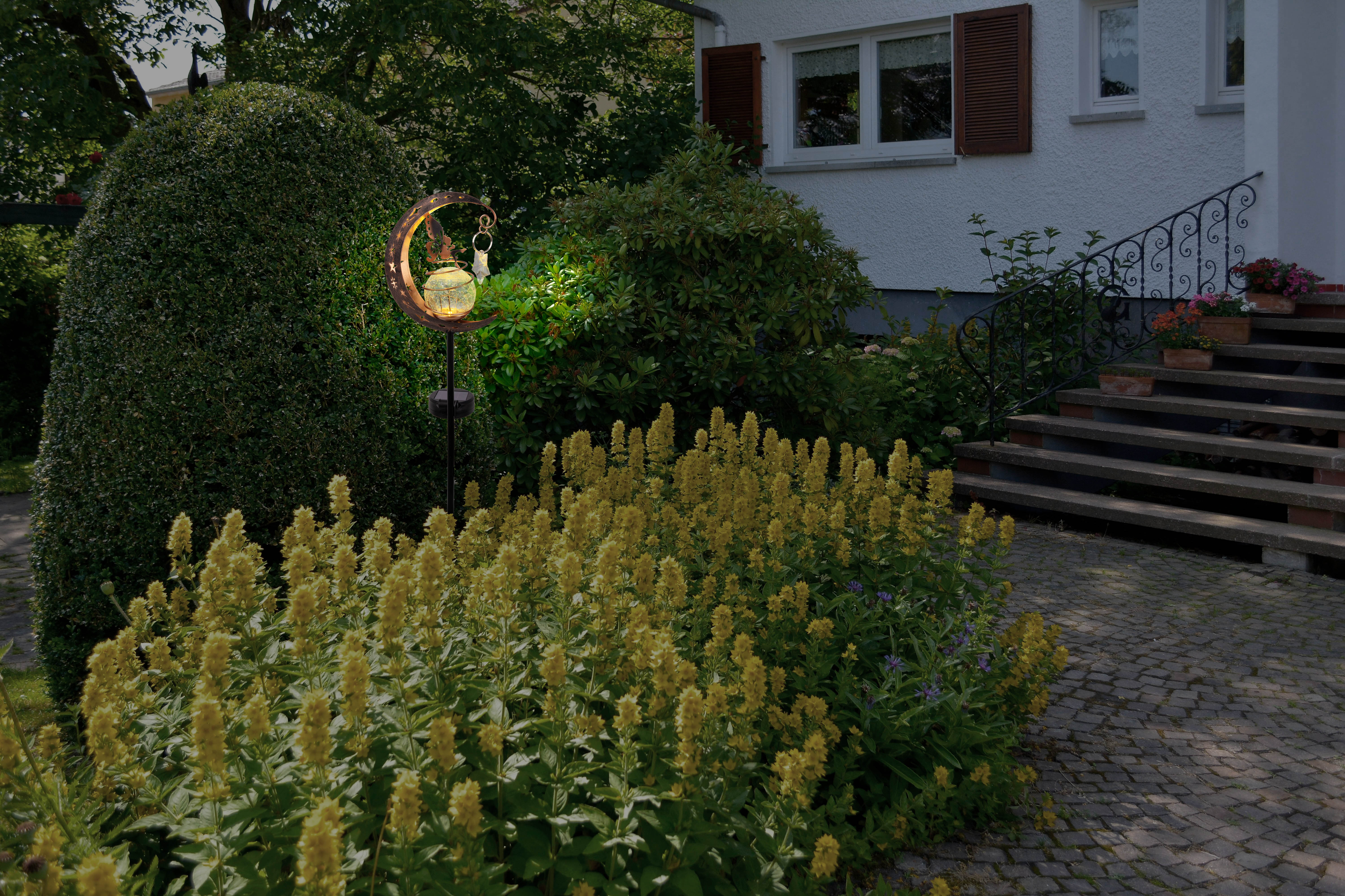 Garten mit einer solarbetriebenen Halbmondleuchte. Pflanzen und Büsche befinden sich im Vorder- und Hintergrund. Haus im Hintergrund.