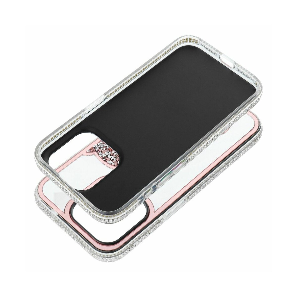 Custodia per telefono in due pezzi, interno nero ed esterno rosa con strass. Custodia trasparente e nera.