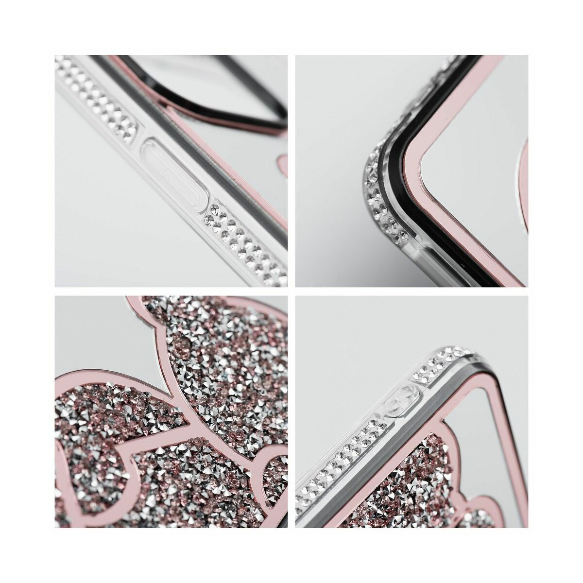 Primo piano di una custodia per telefono con gioielli. Include design rosa e argento.