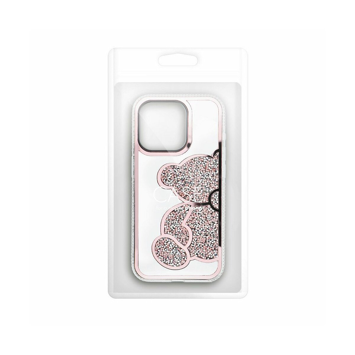 Una custodia trasparente con bordo rosa e design a orsetto glitterato in una confezione di plastica trasparente.