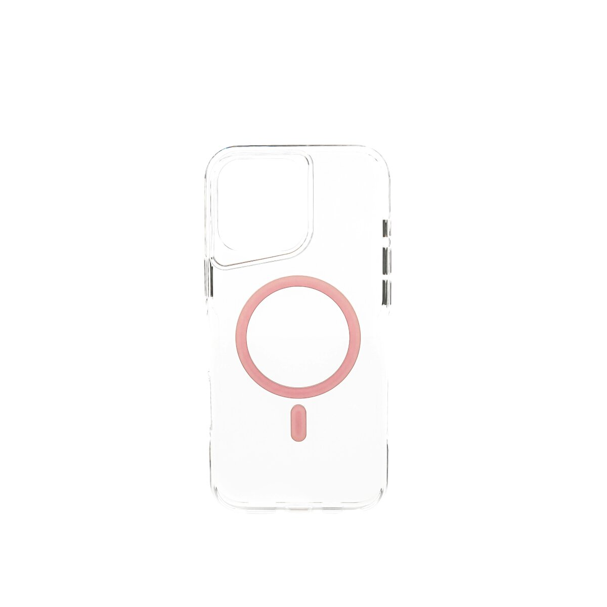 Una custodia trasparente per telefono con un cerchio rosa e un segno meno al centro.