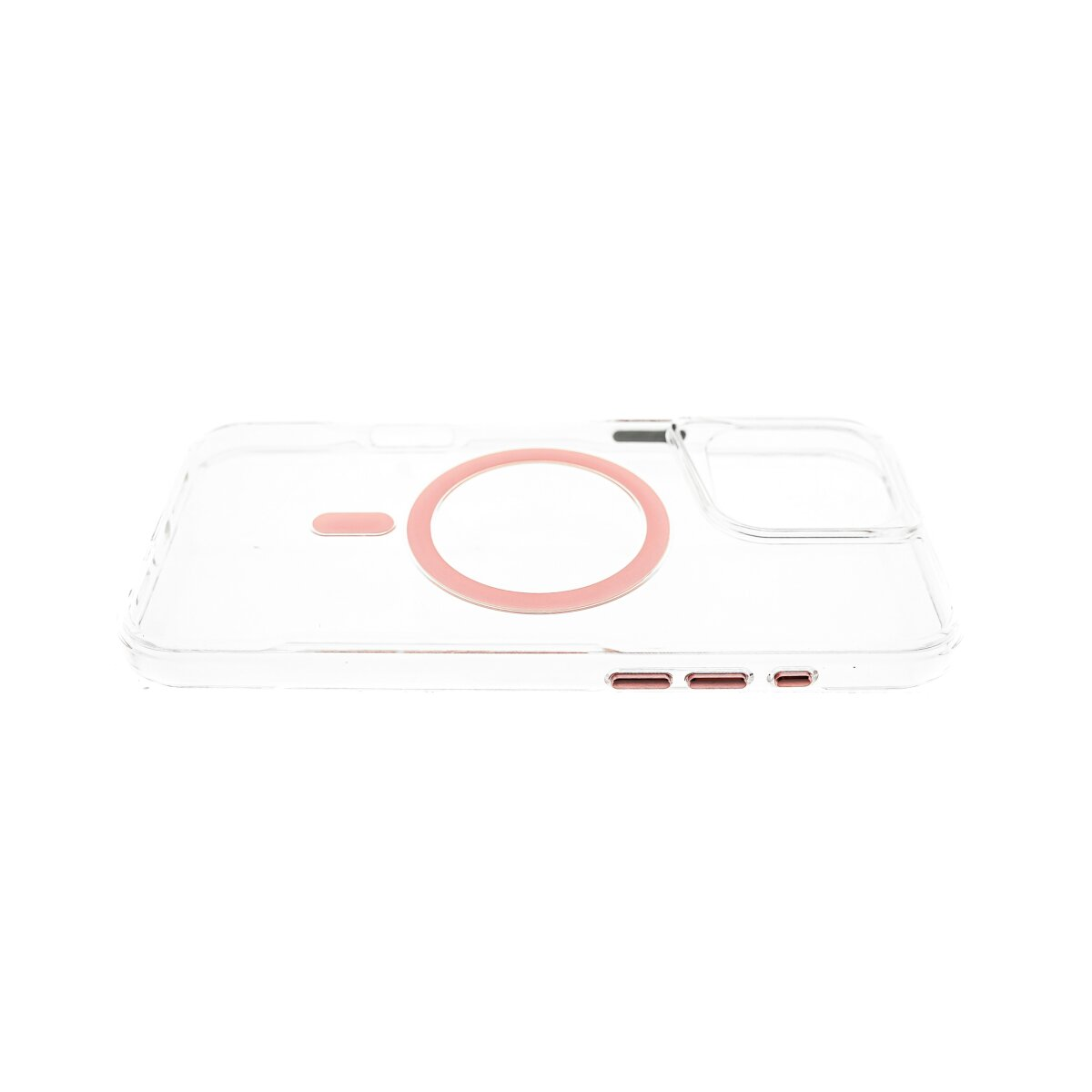 Custodia trasparente per telefono con un cerchio magnetico rosa.