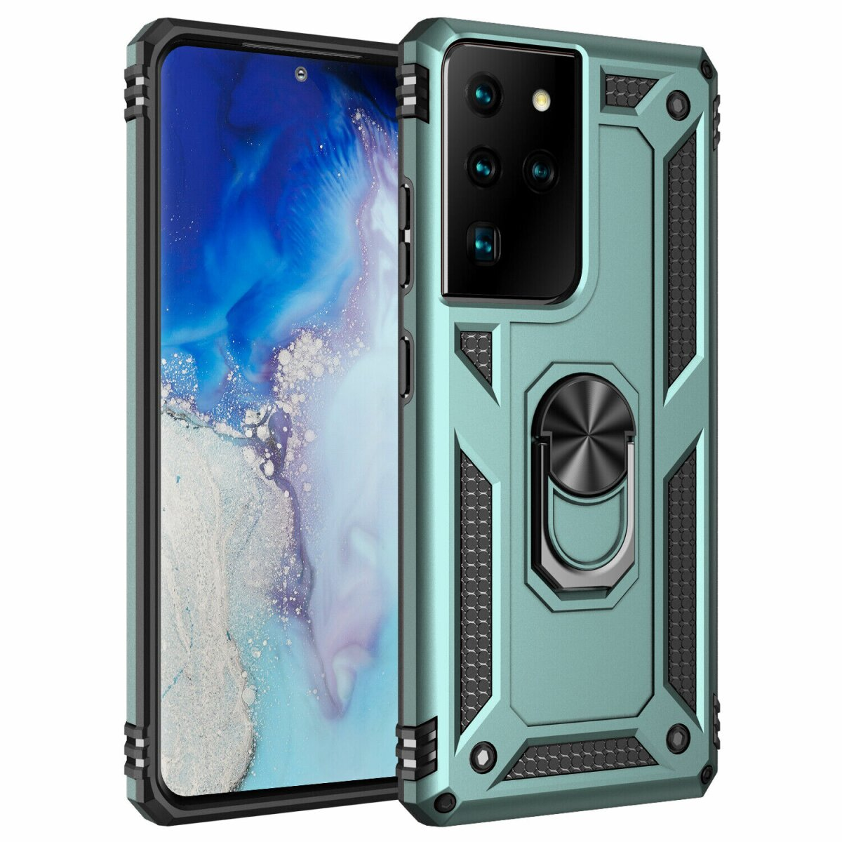 Una custodia per telefono verde menta con un anello nero e un alloggiamento per fotocamera nero.
