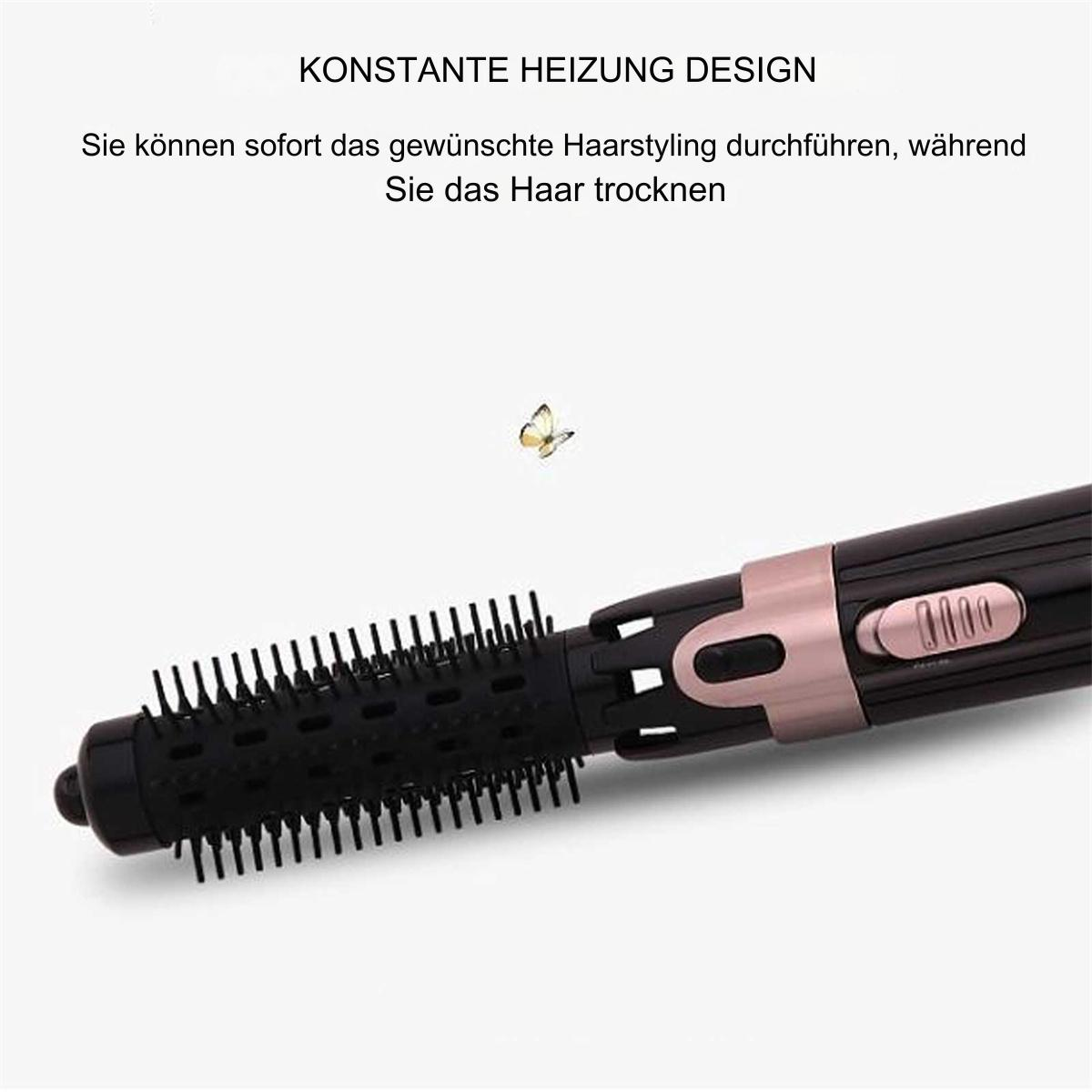 Haarstylingbürste mit rosa und schwarzen Details. Text in Deutsch darüber.
