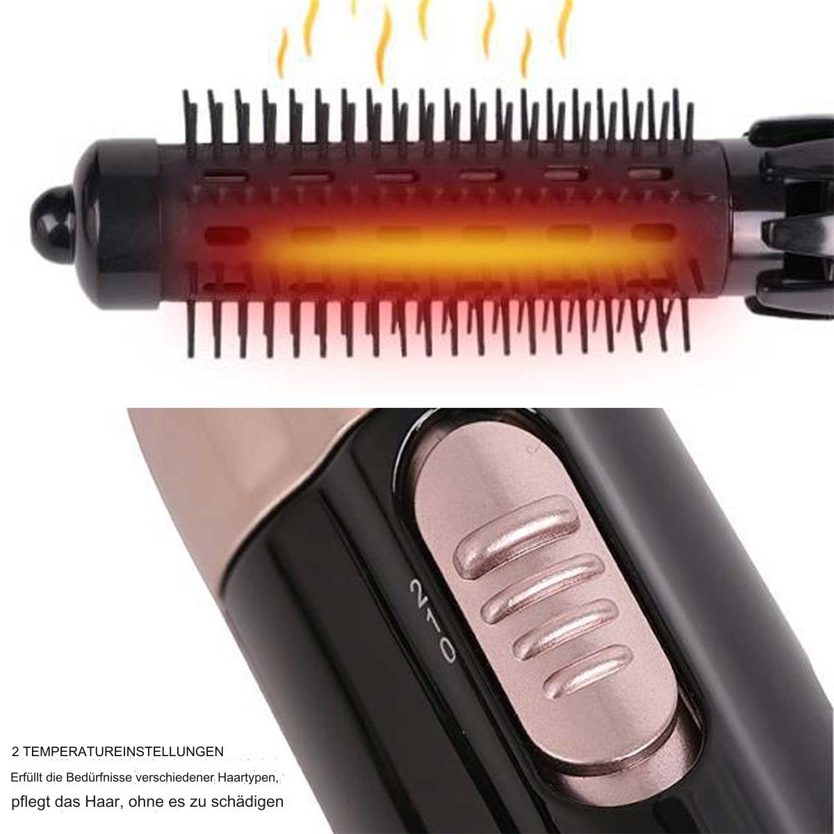 Haarstyling-Werkzeug, der Bürstenabschnitt ist rot und orange mit Hitze. Es gibt einen Temperaturregler.