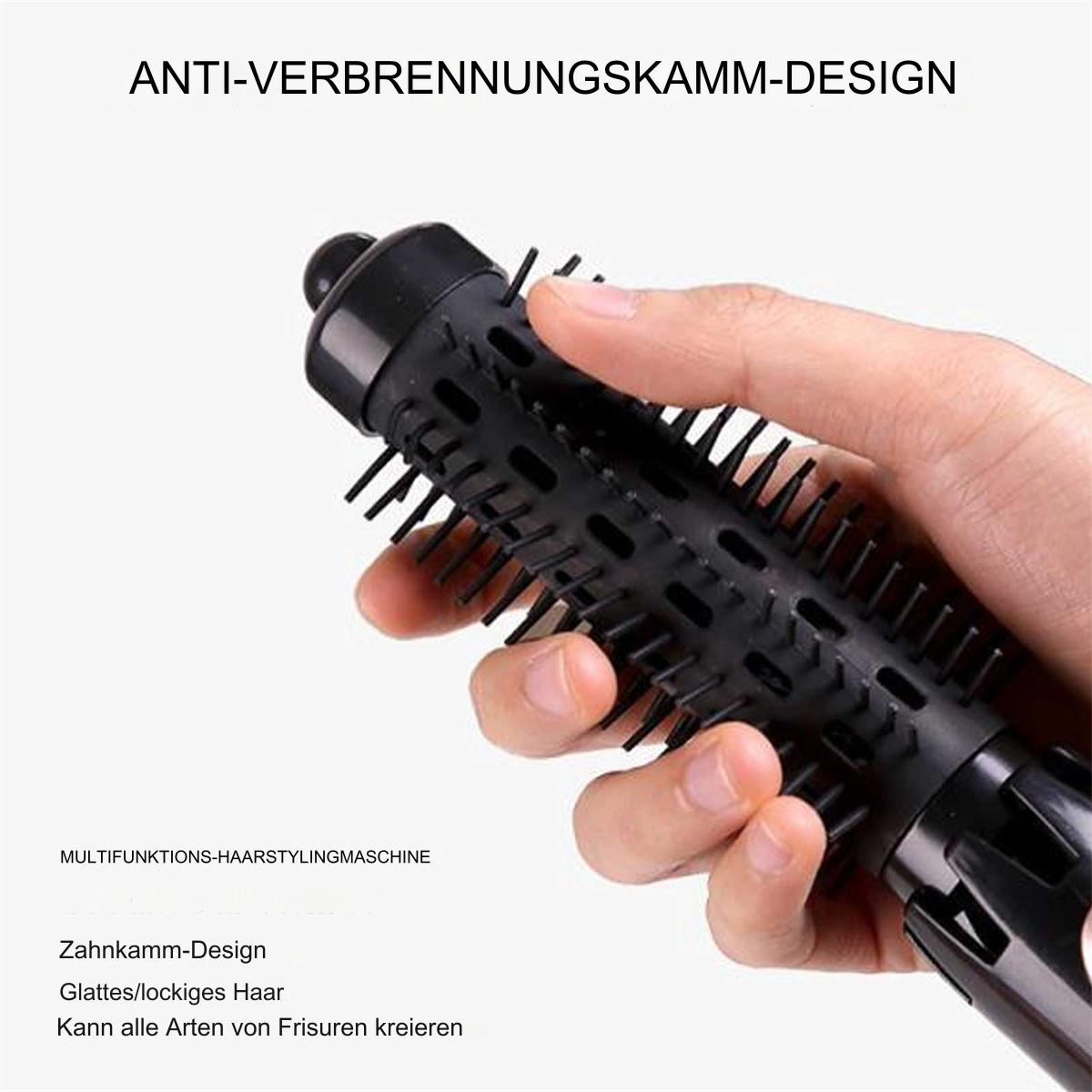 Hand hält eine schwarze Lockenwicklerbürste. Text: Anti-Verbrennungskamm-Design. Text auf Deutsch darunter.