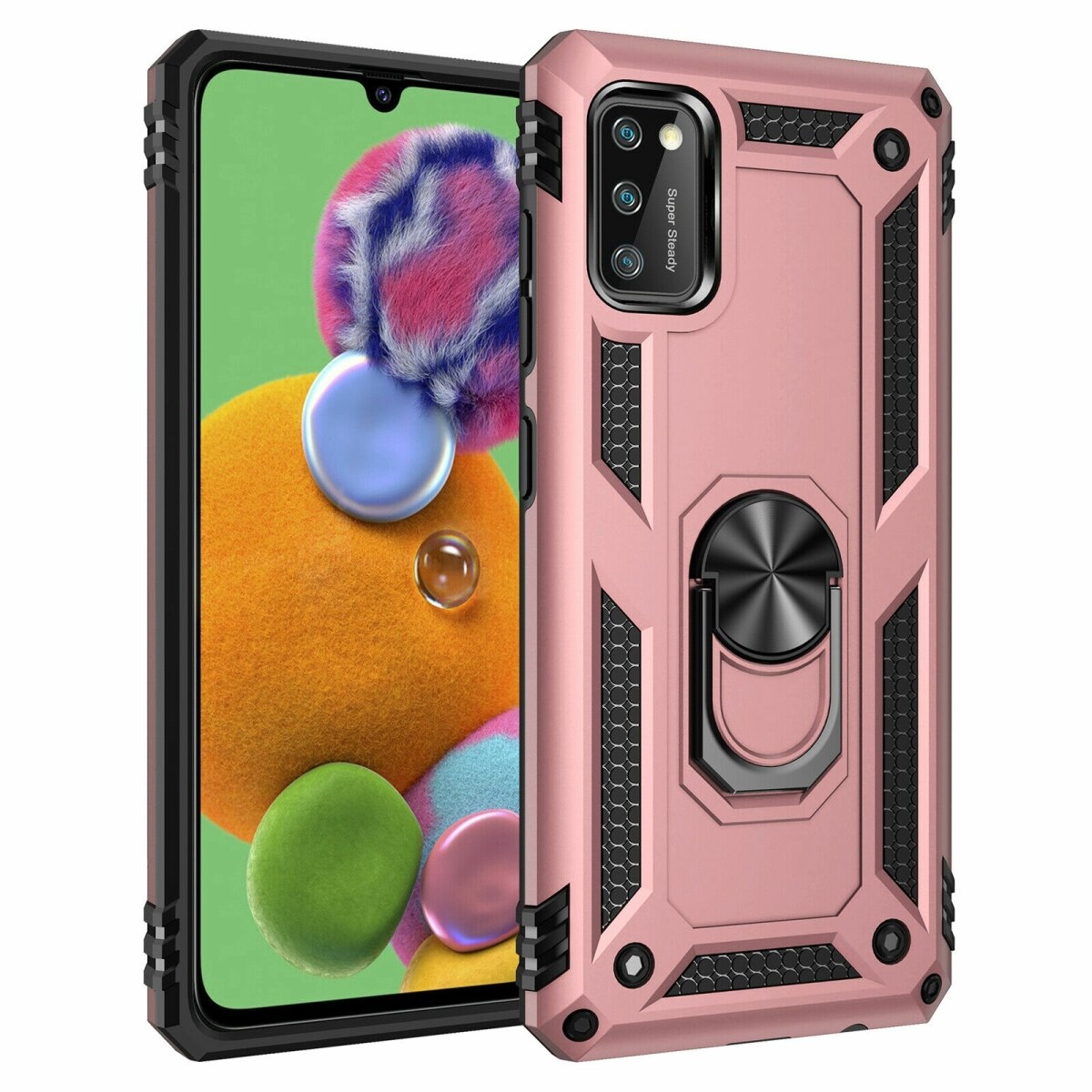 Custodia rosa per telefono con anello di supporto, su un telefono. La custodia ha dettagli neri.
