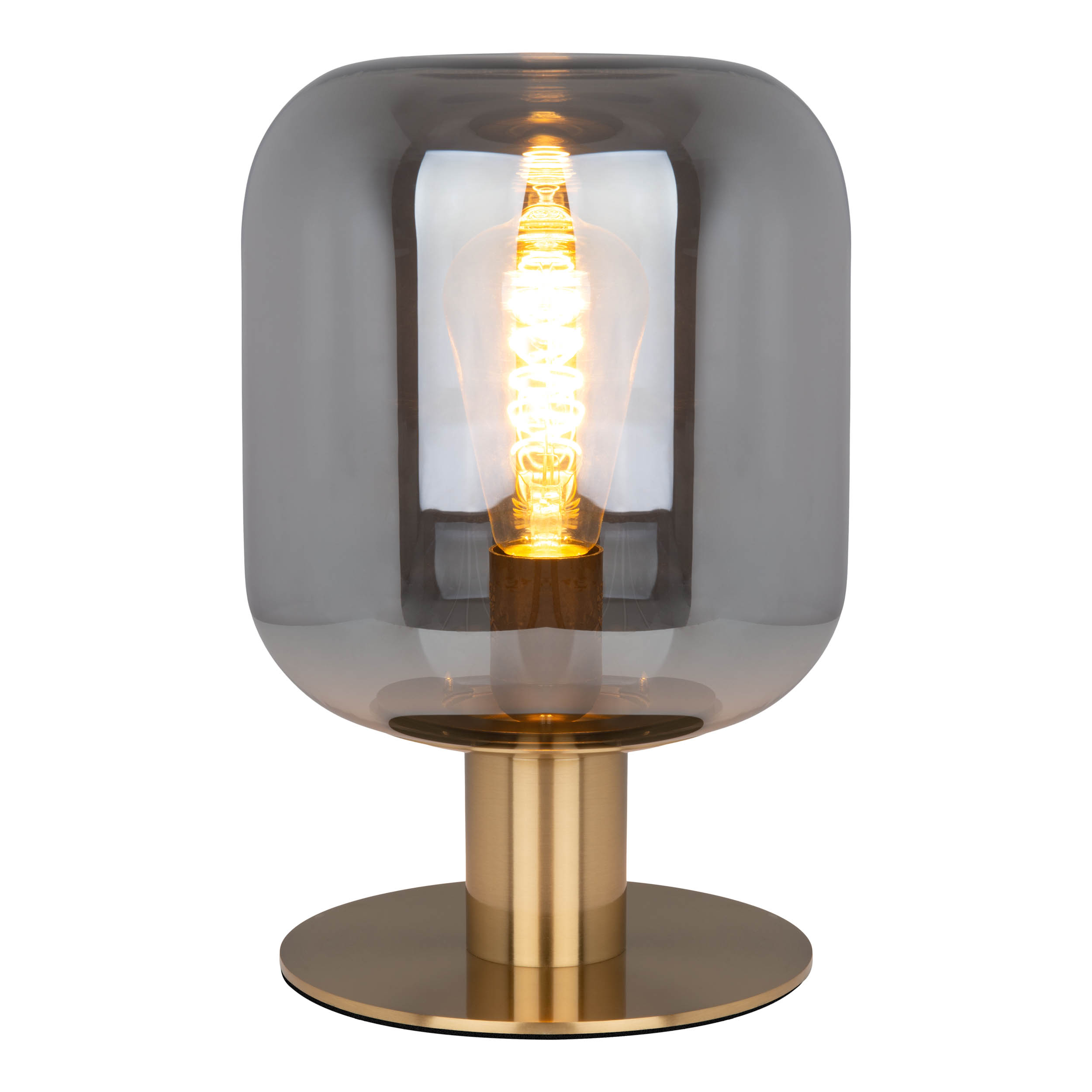 Eine moderne Lampe mit grauem Glasschirm, goldenem Sockel und vertikaler Glühbirne.