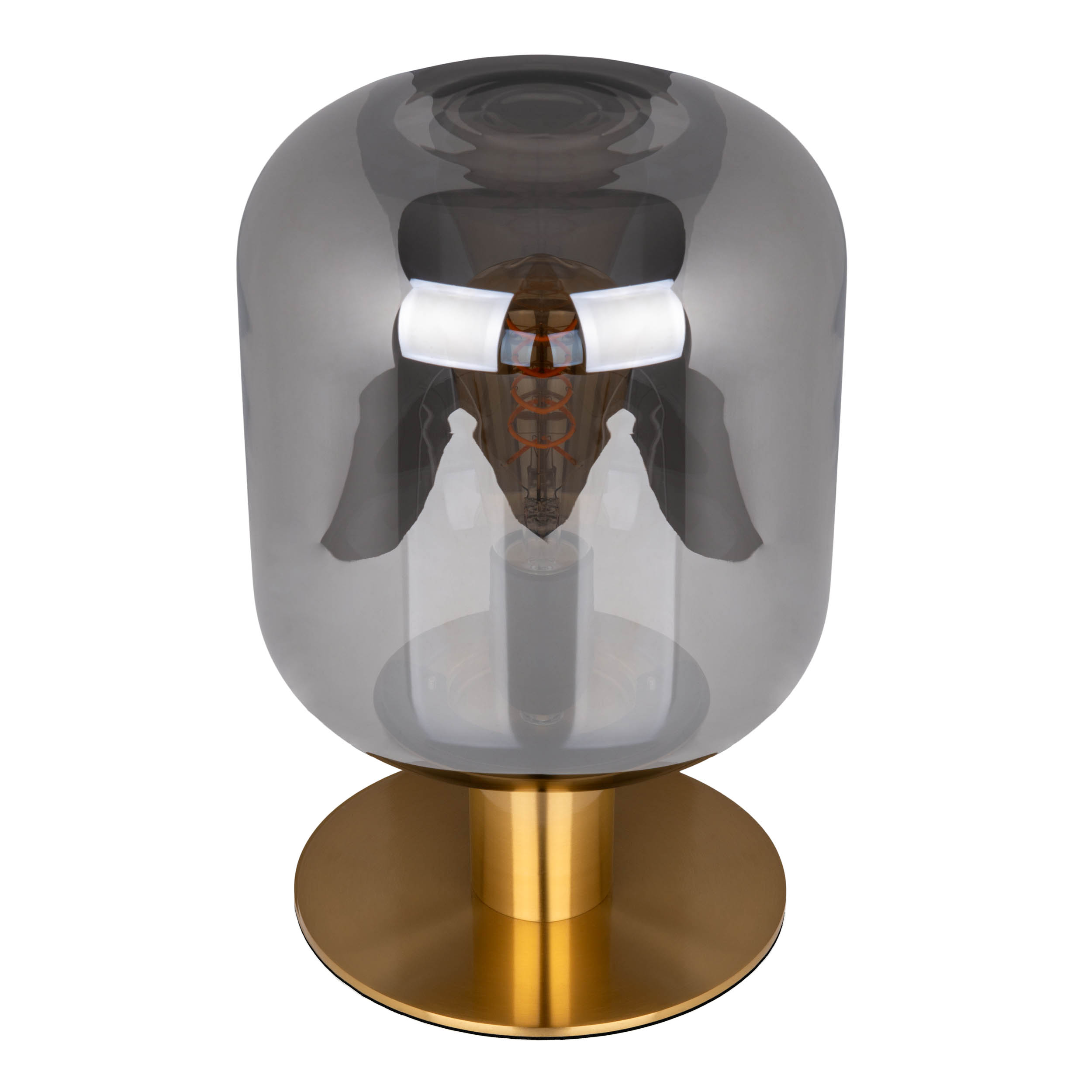Eine moderne Tischlampe mit rauchfarbenem Glasschirm und goldenem Sockel.
