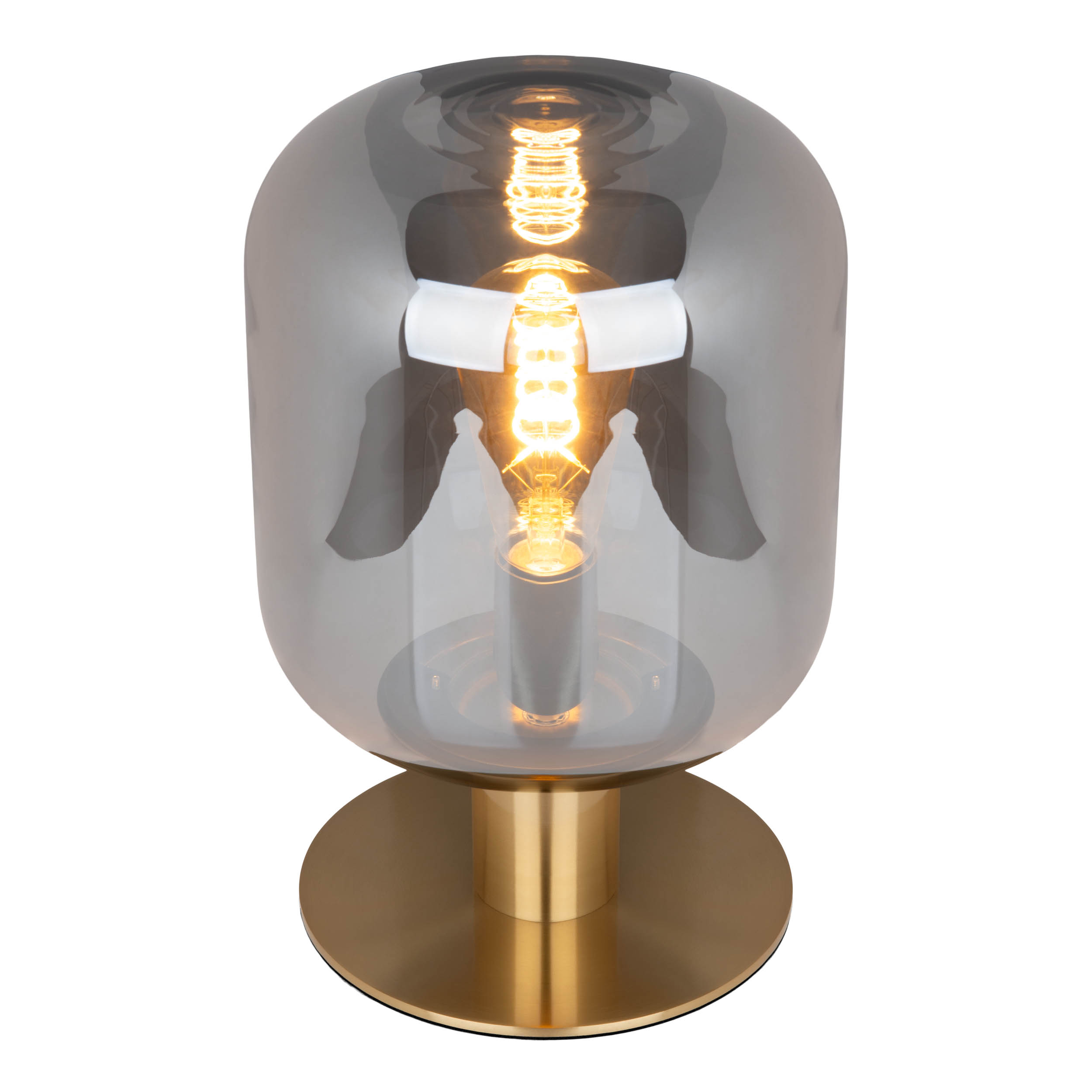 Eine moderne Tischlampe mit rundem, klarem Glasschirm und goldenem Sockel.