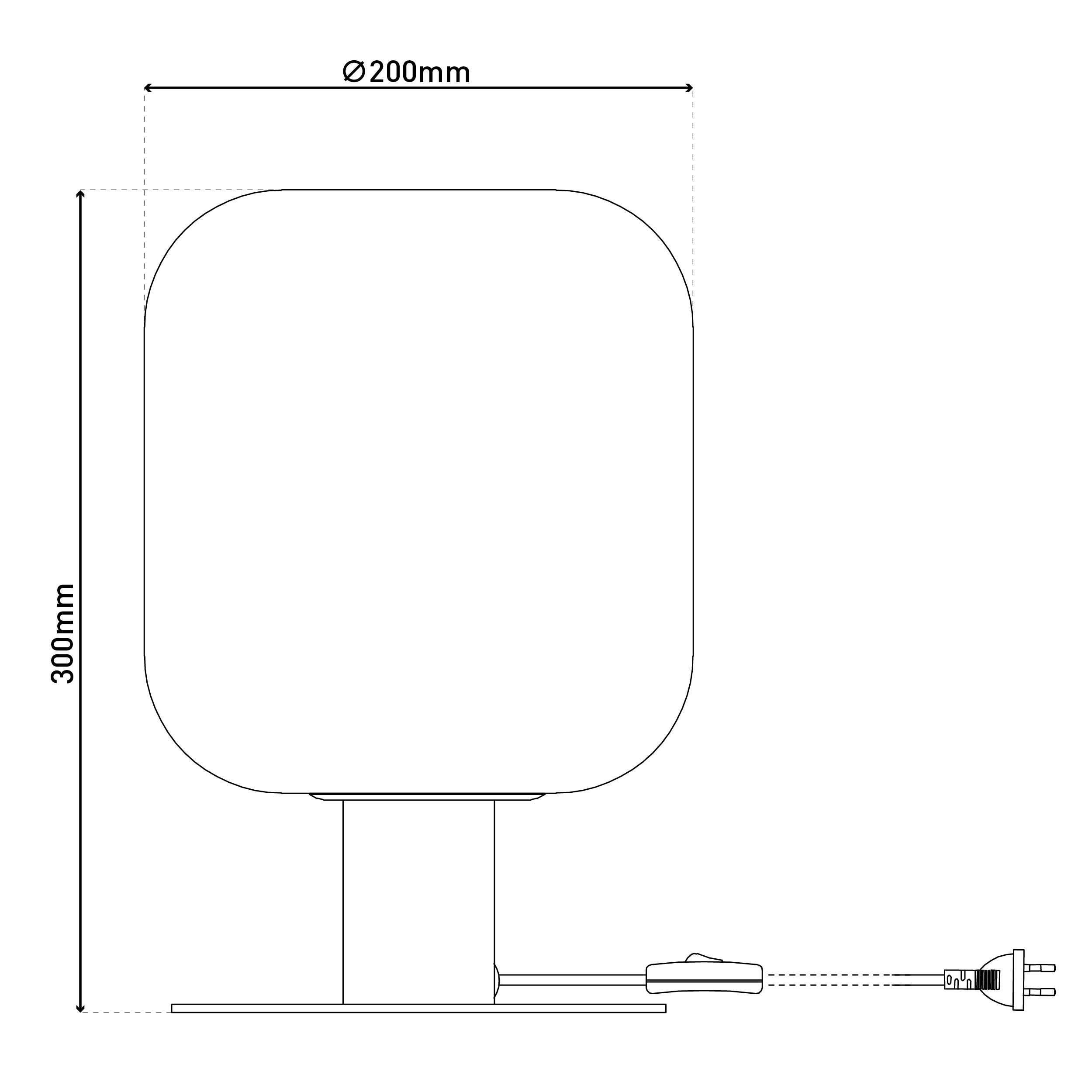 Eine weiße Tischlampen-Umrisszeichnung mit den Maßen 200 mm x 300 mm auf weißem Hintergrund.