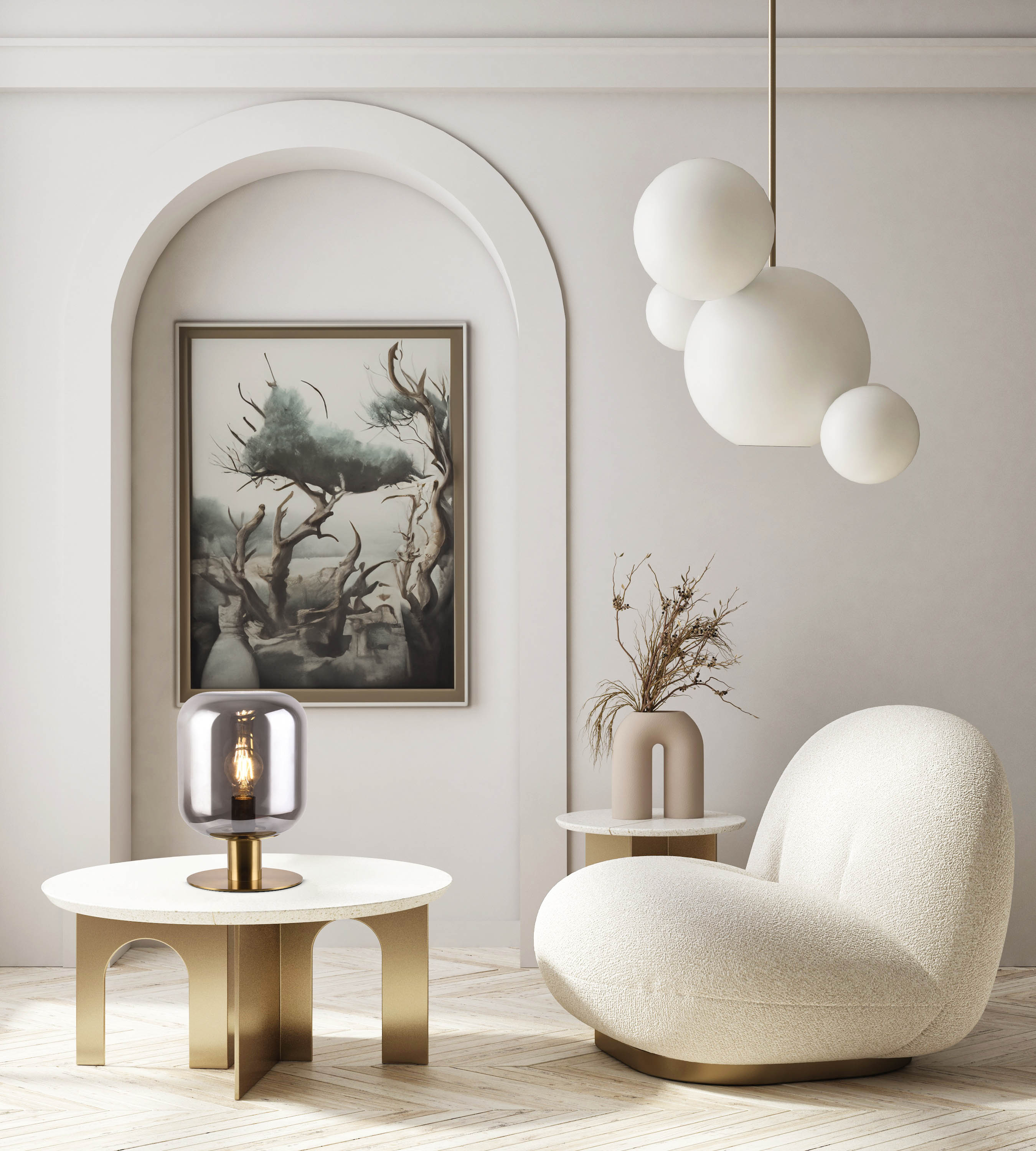Ein stilvolles Interieur mit einer Tischlampe. Die Szene hat ein Gemälde, einen weißen Stuhl und Pendelleuchten.
