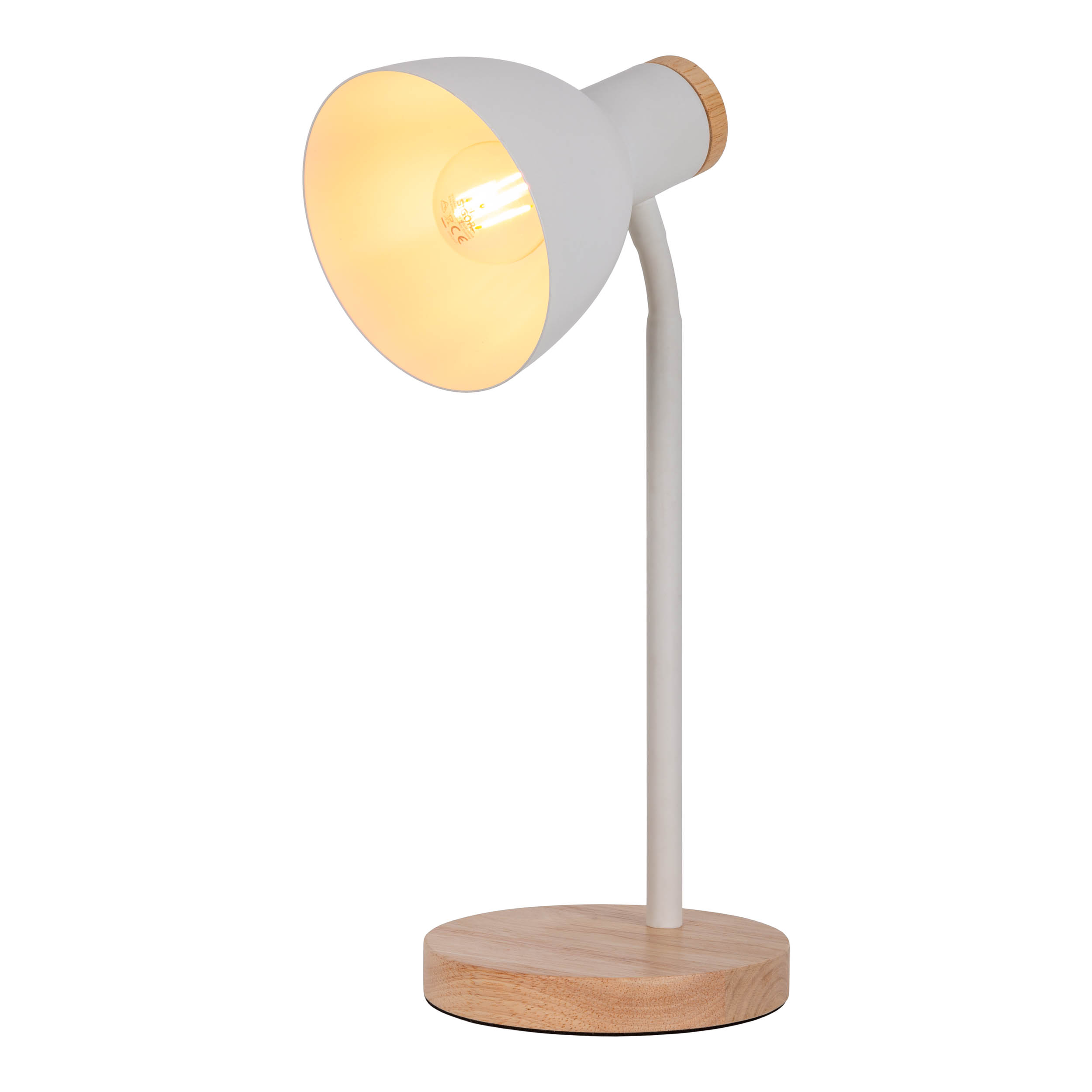 Weiße Schreibtischlampe mit Holzsockel und -aufsatz. Glühbirne sichtbar.