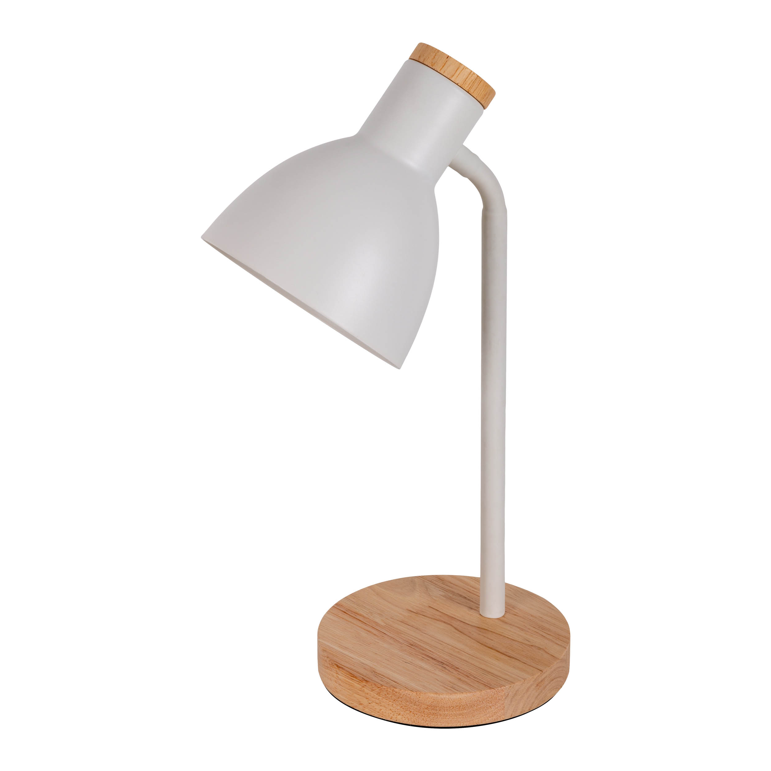 Weiße Schreibtischlampe mit Holzsockel und weißem Lampenschirm, nach links geneigt.