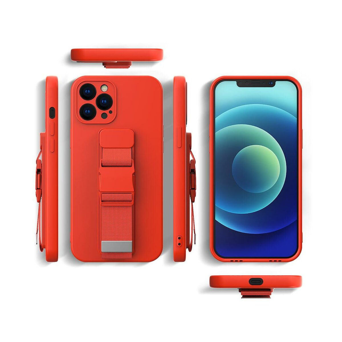 Eine rote iPhone-Hülle. Mehrere Ansichten, einschließlich Vorder-, Rückseite, Seite und Oberseite.