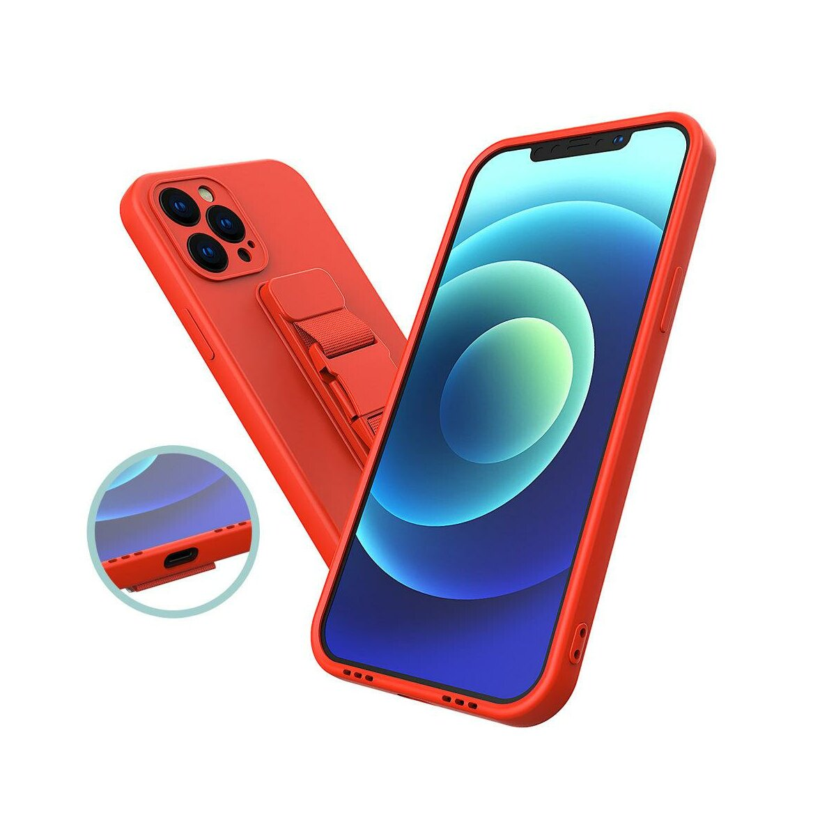Rote Smartphone-Hülle mit Ständer, mit dem Telefon darin auf weißem Hintergrund.