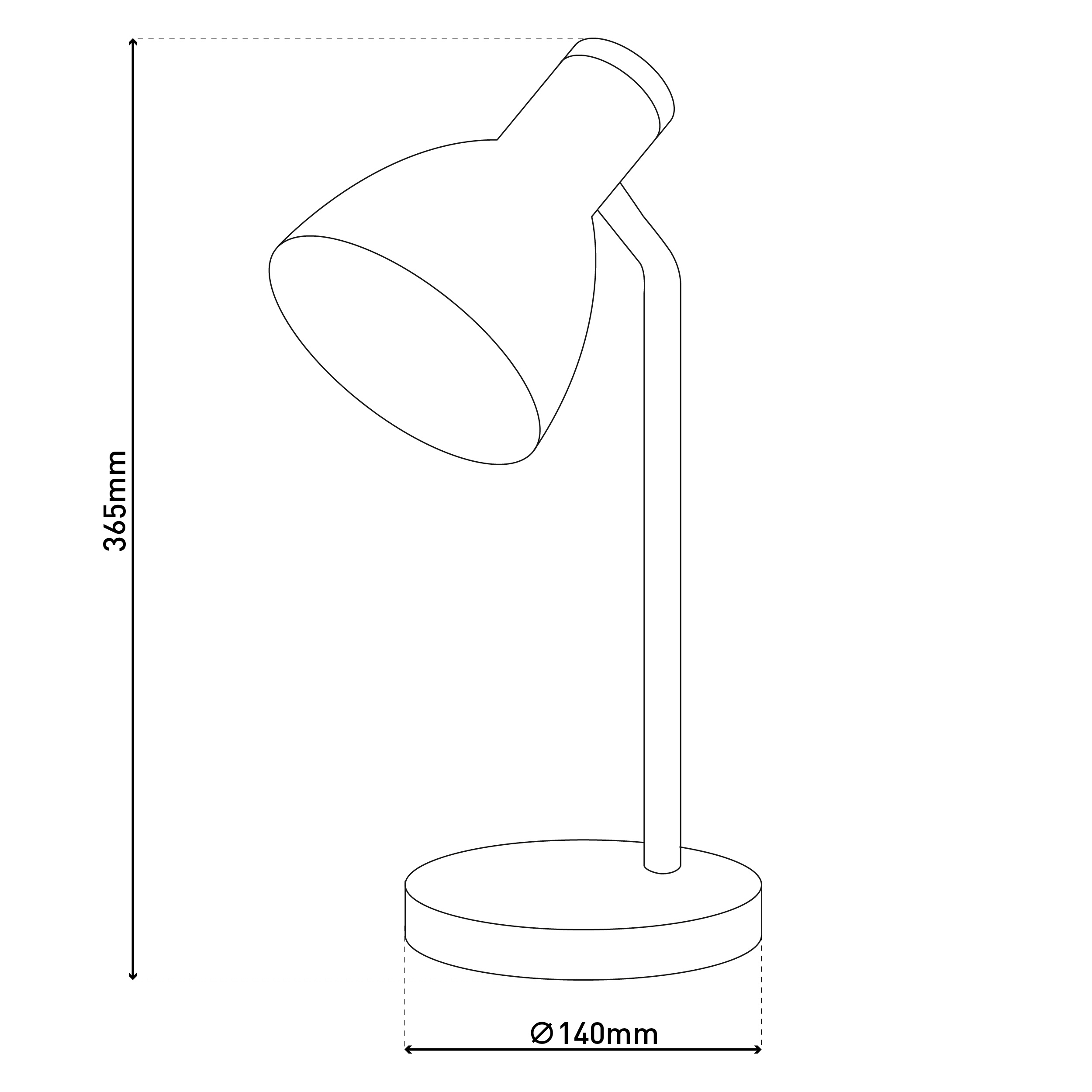 Schwarz-weiße Strichzeichnung einer Schreibtischlampe mit Abmessungen.