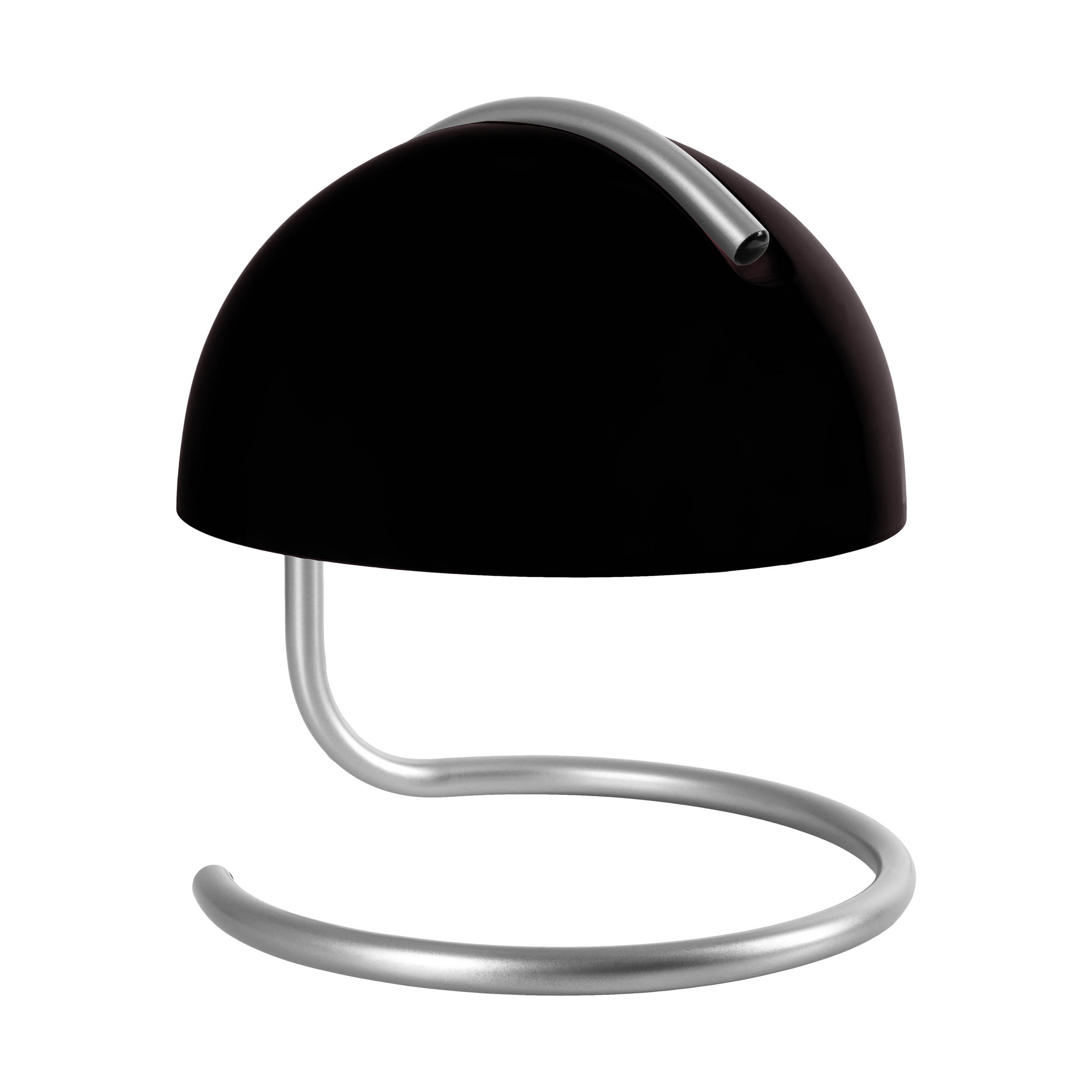 Eine schwarze Schreibtischlampe mit einem gebogenen silbernen Ständer. Die Lampe steht auf weißem Hintergrund.