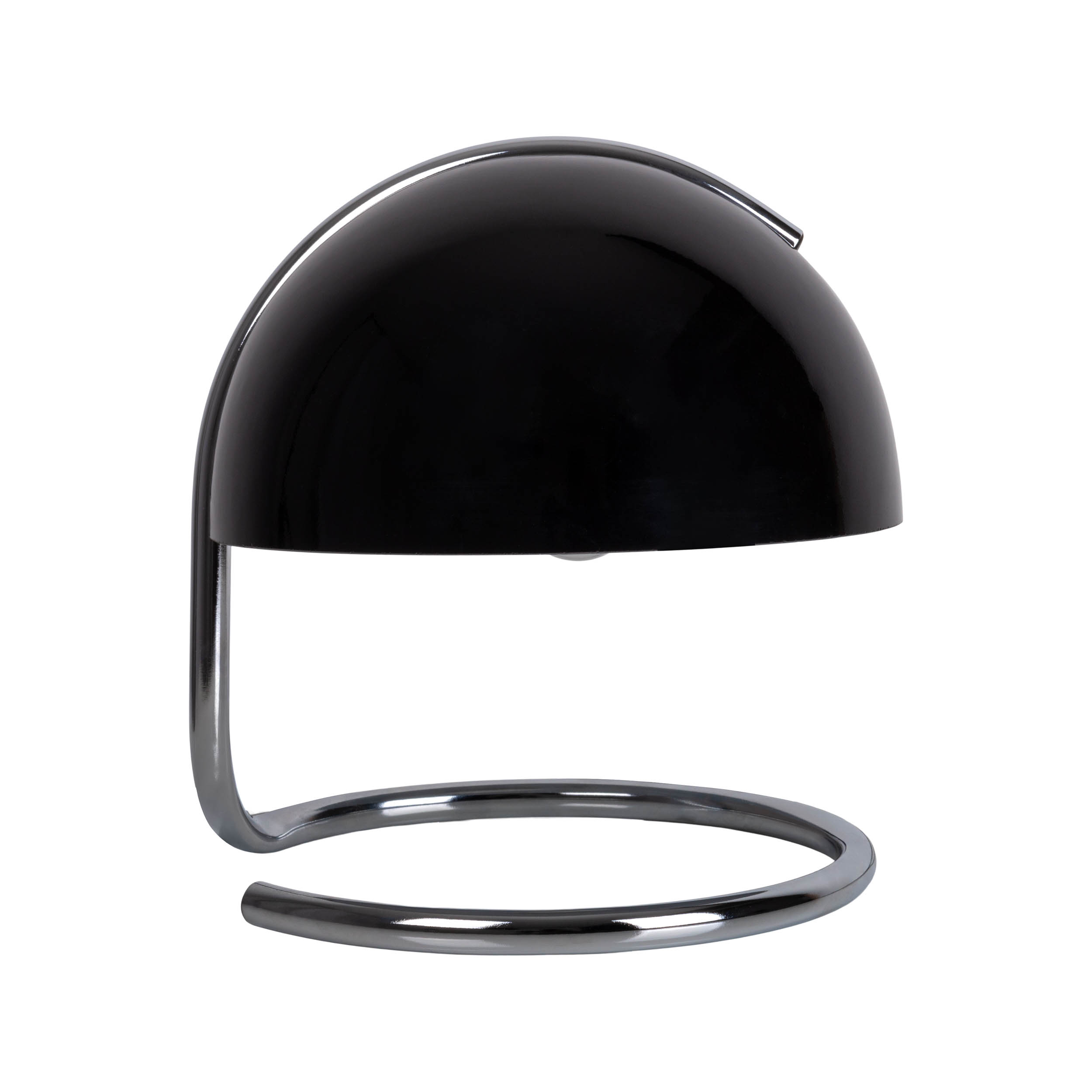 Schwarze Tischlampe im Retro-Stil mit Halbkugel-Schirm und gebogener Chrombasis.
