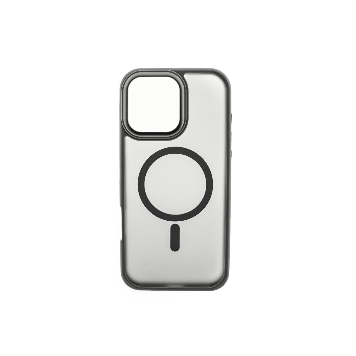 Custodia trasparente per telefono con cornice nera e design a cerchio nero. Sfondo bianco.