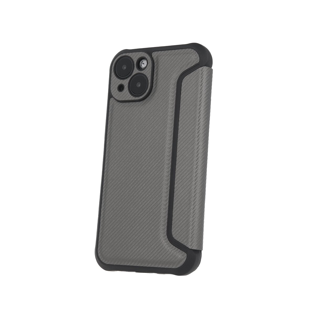 Custodia grigia con retro strutturato e cornice nera. Il telefono ha due fotocamere.