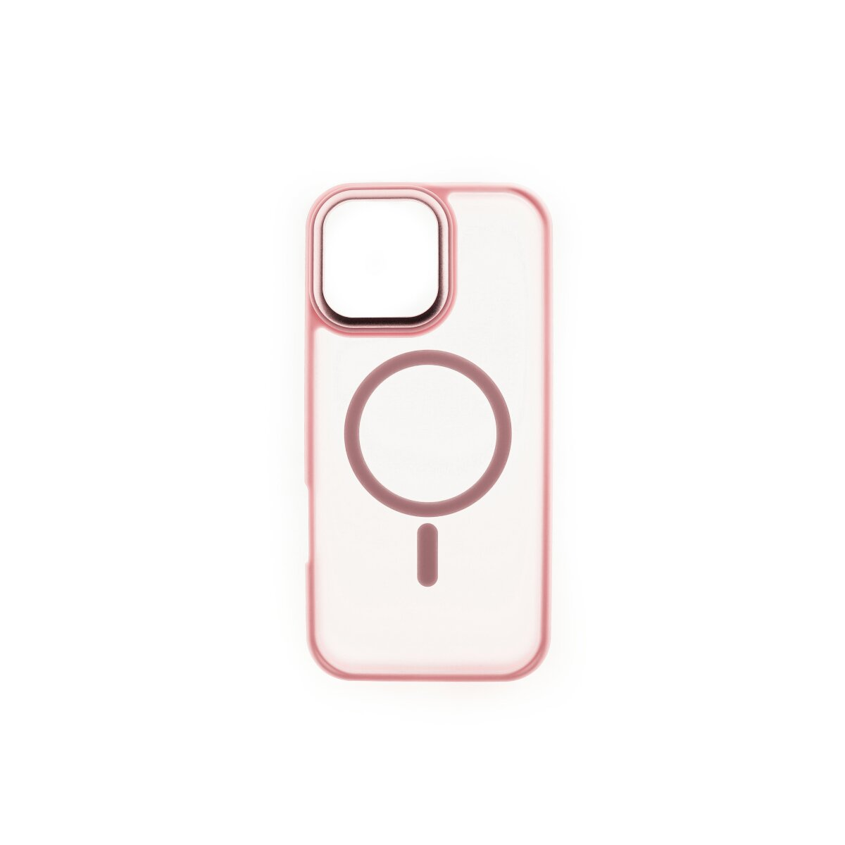 Custodia rosa per telefono con retro trasparente, fotocamera e cerchio di ricarica. Sfondo bianco.