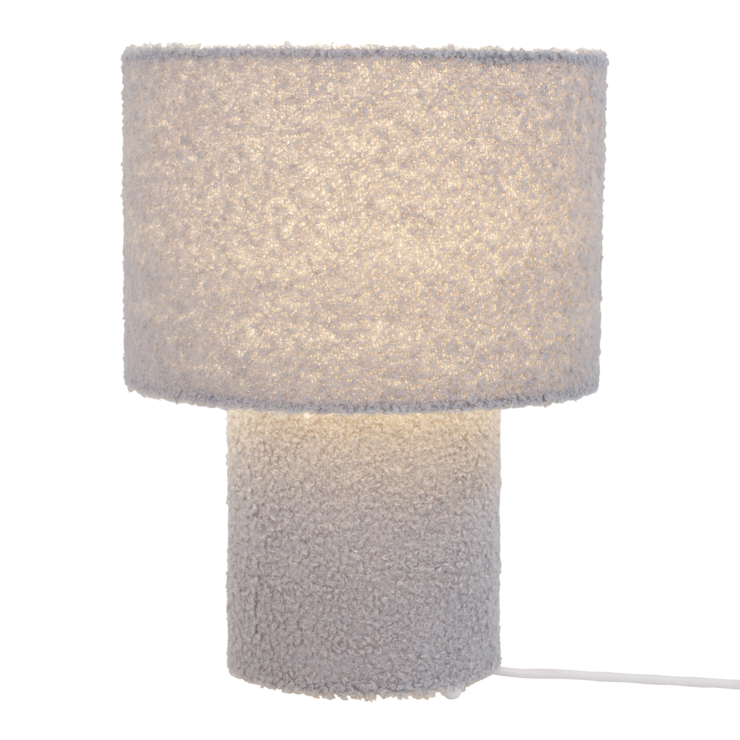 Graue strukturierte Lampe mit rundem Oberteil und Sockel. Weißer Hintergrund.