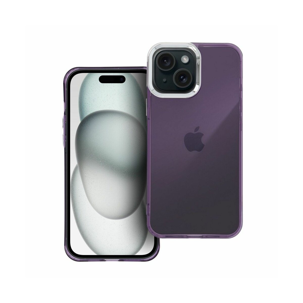 iPhone 14 Pro viola con custodia trasparente, che mostra il telefono e la custodia.