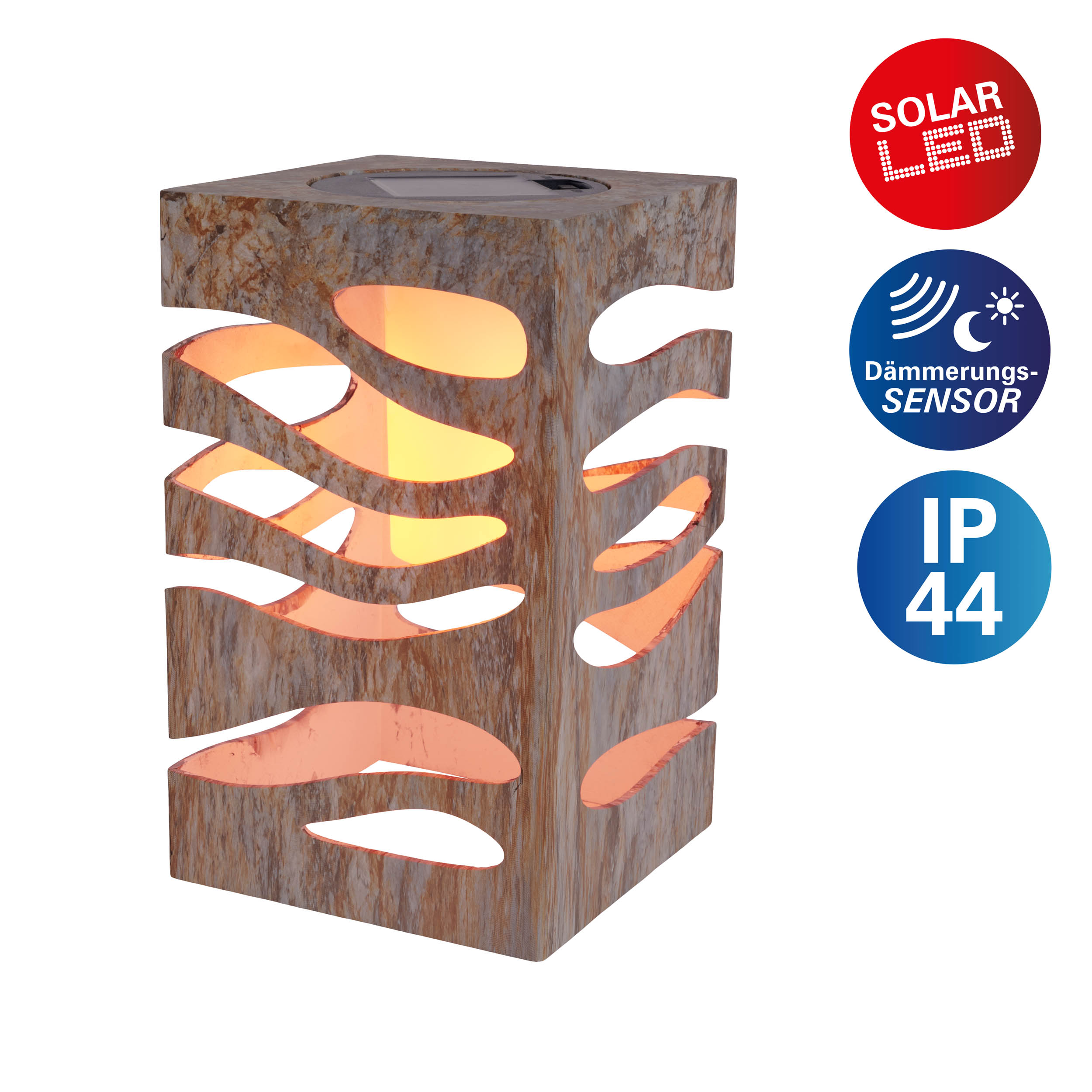 Solar-LED-Gartenleuchte, brauner, strukturierter Würfel mit Aussparungsdesign. Inklusive Solar-, Dämmerungssensor- und IP44-Etiketten.