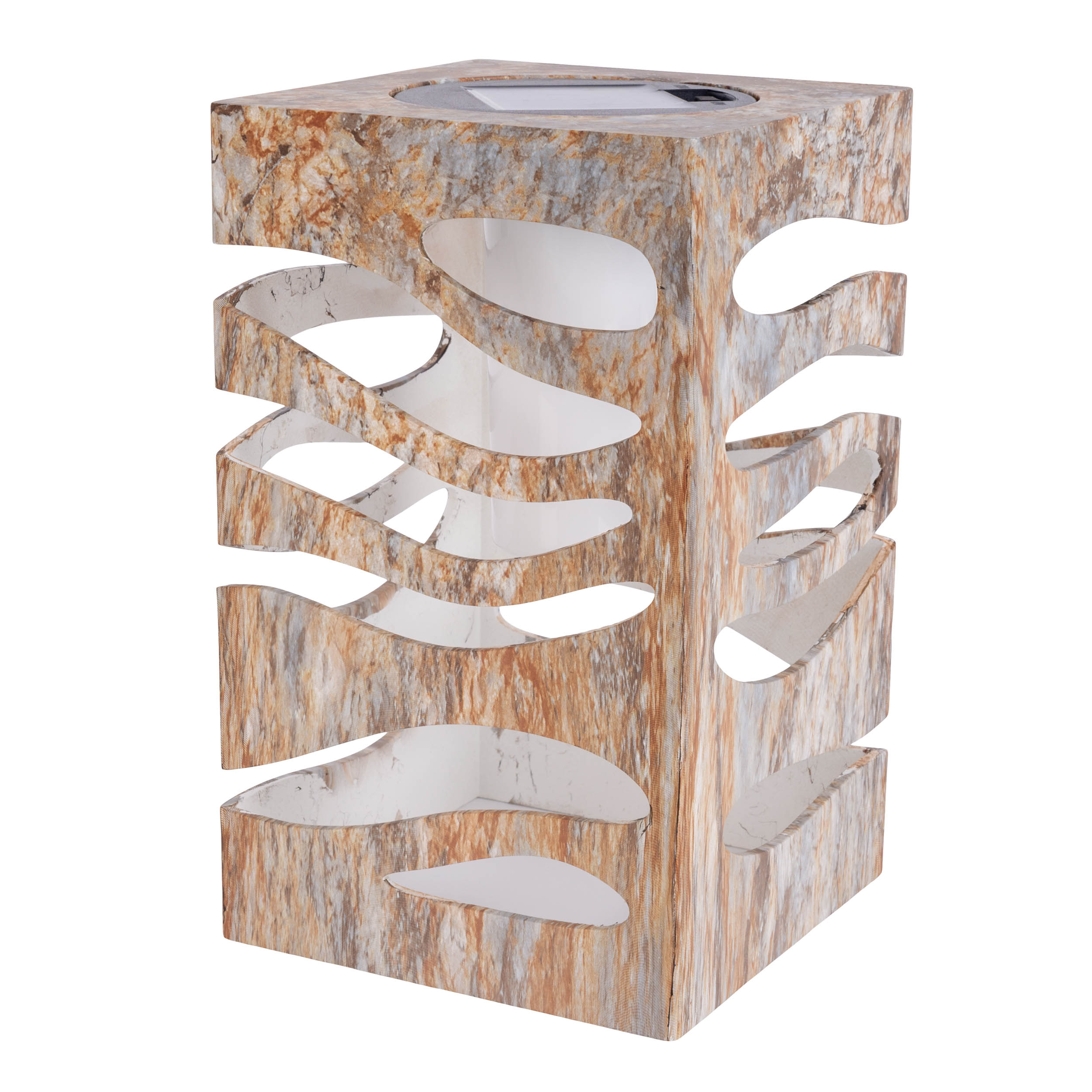 Braune und weiße dekorative Leuchte mit quadratischer Form und Aussparungen.