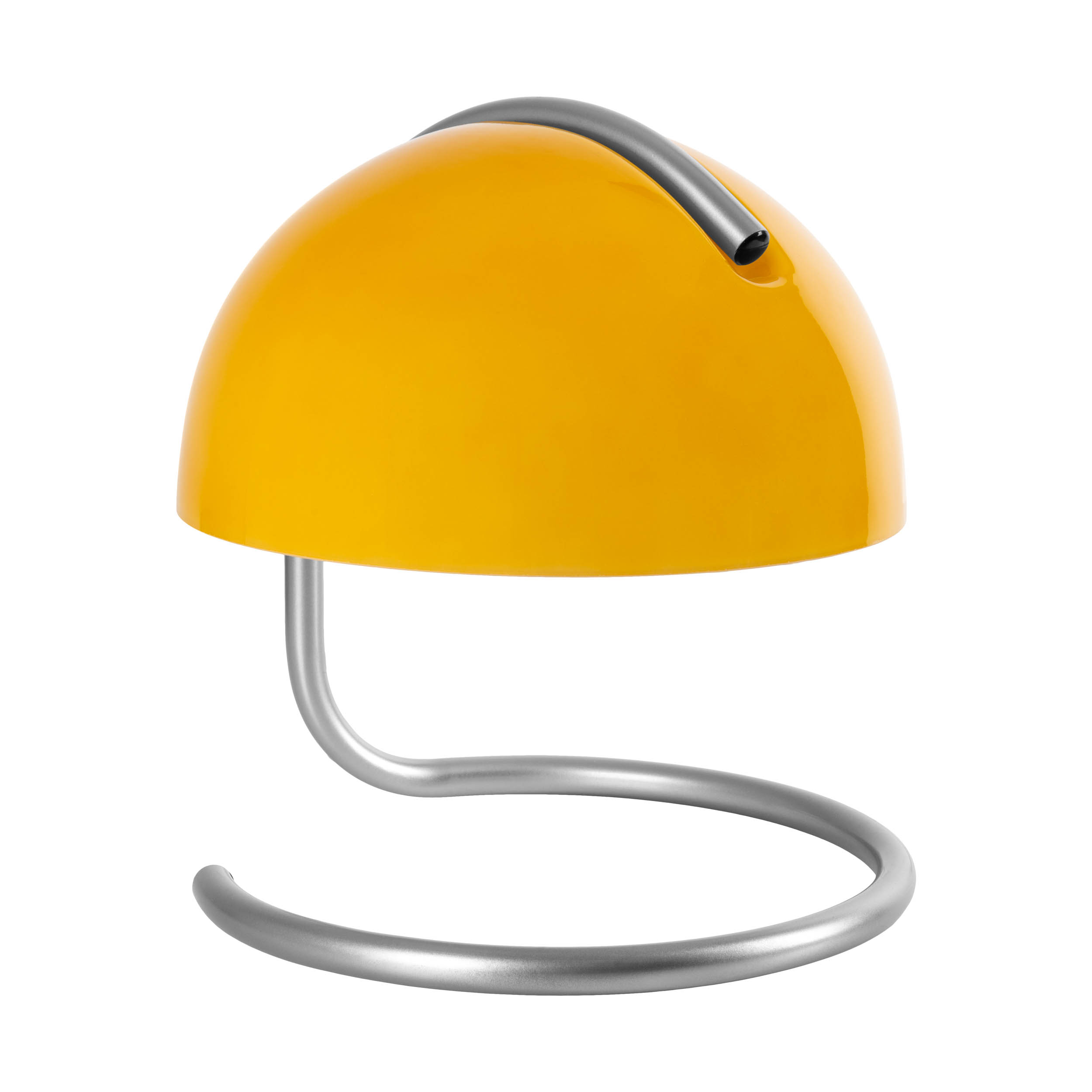 Gelbe, kuppelförmige Lampe mit silbernem, gebogenem Ständer.