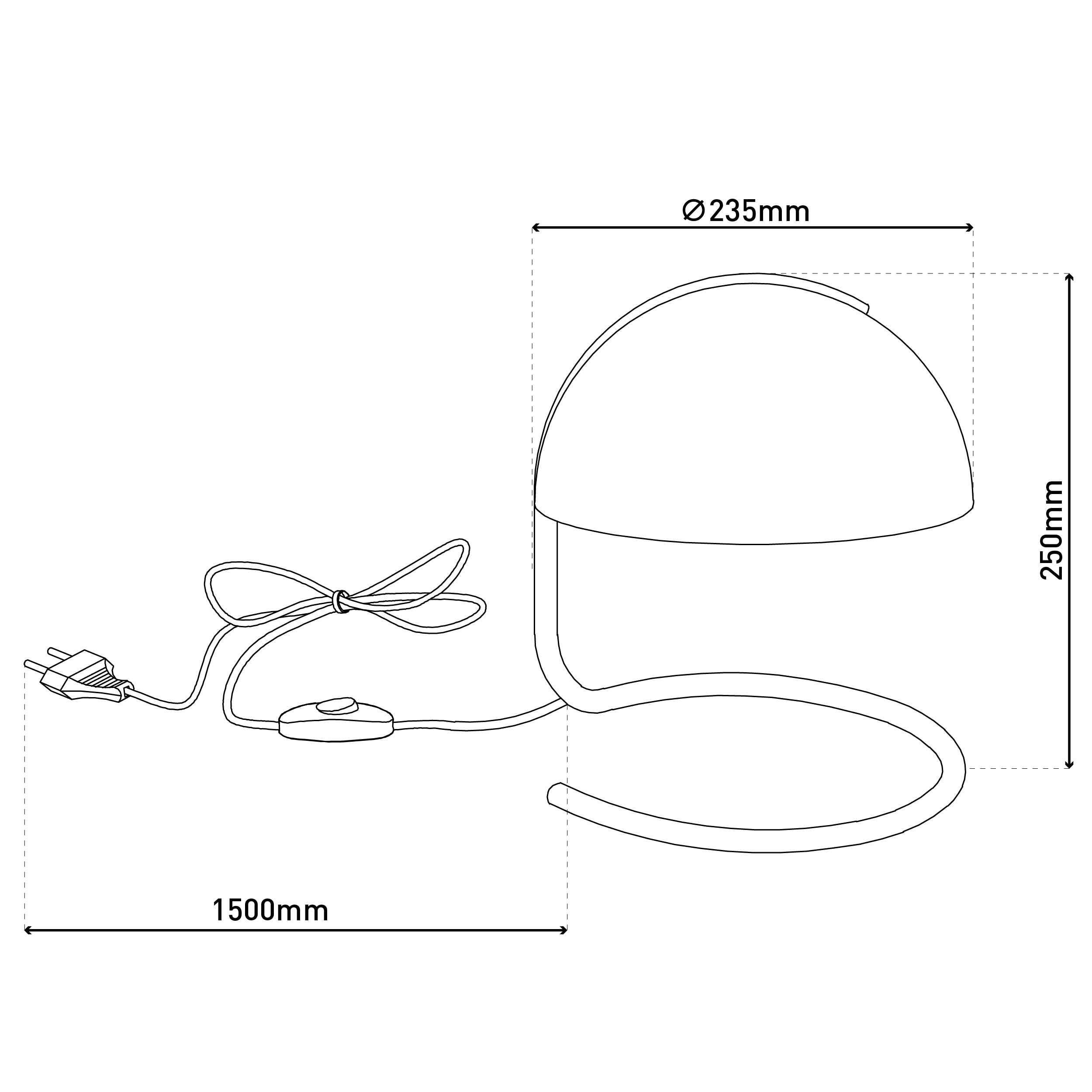 Strichzeichnung einer Lampe mit Maßen: 235mm Durchmesser, 250mm Höhe, 1500mm Kabellänge.