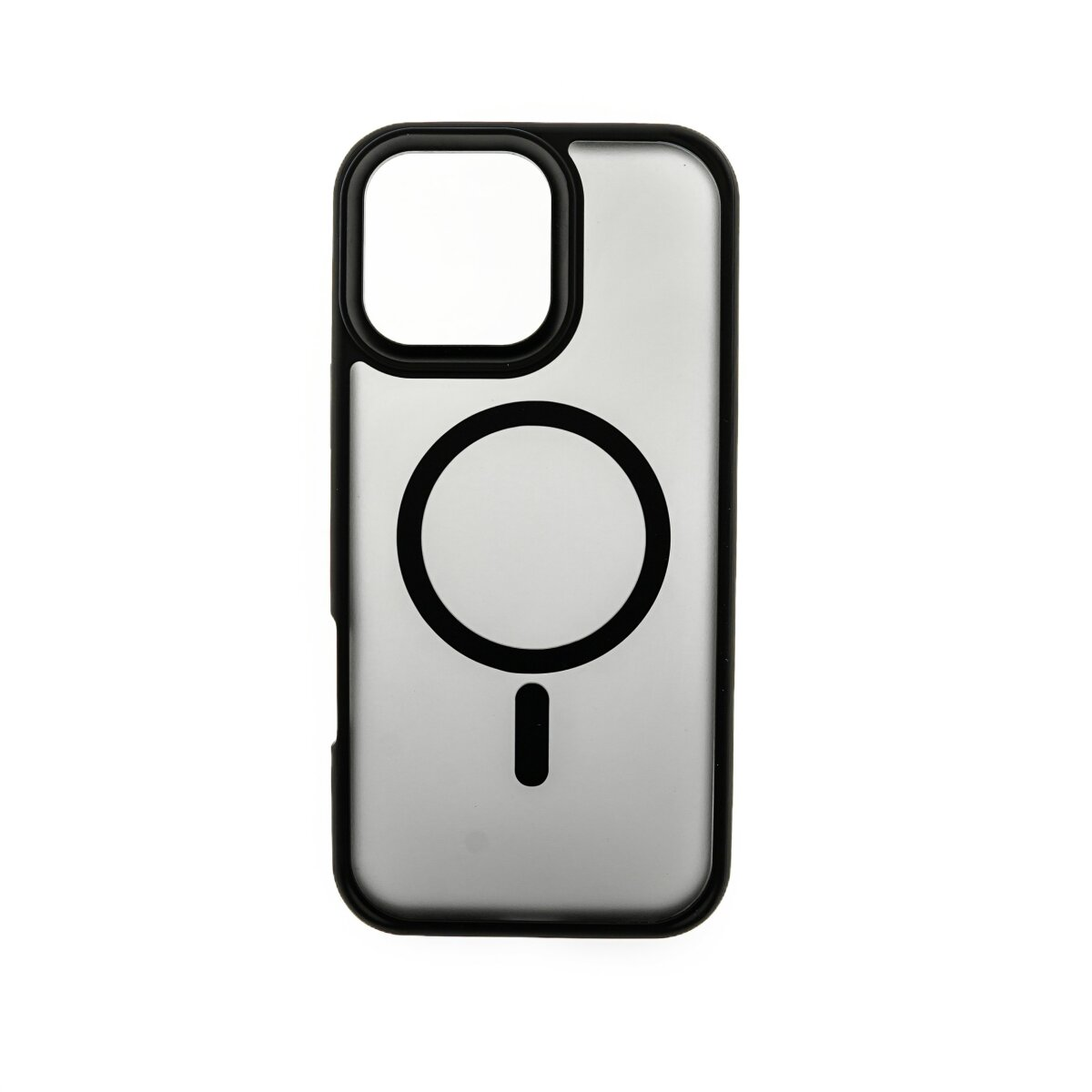 Una custodia trasparente per telefono con cornice nera, cerchio e segno meno.