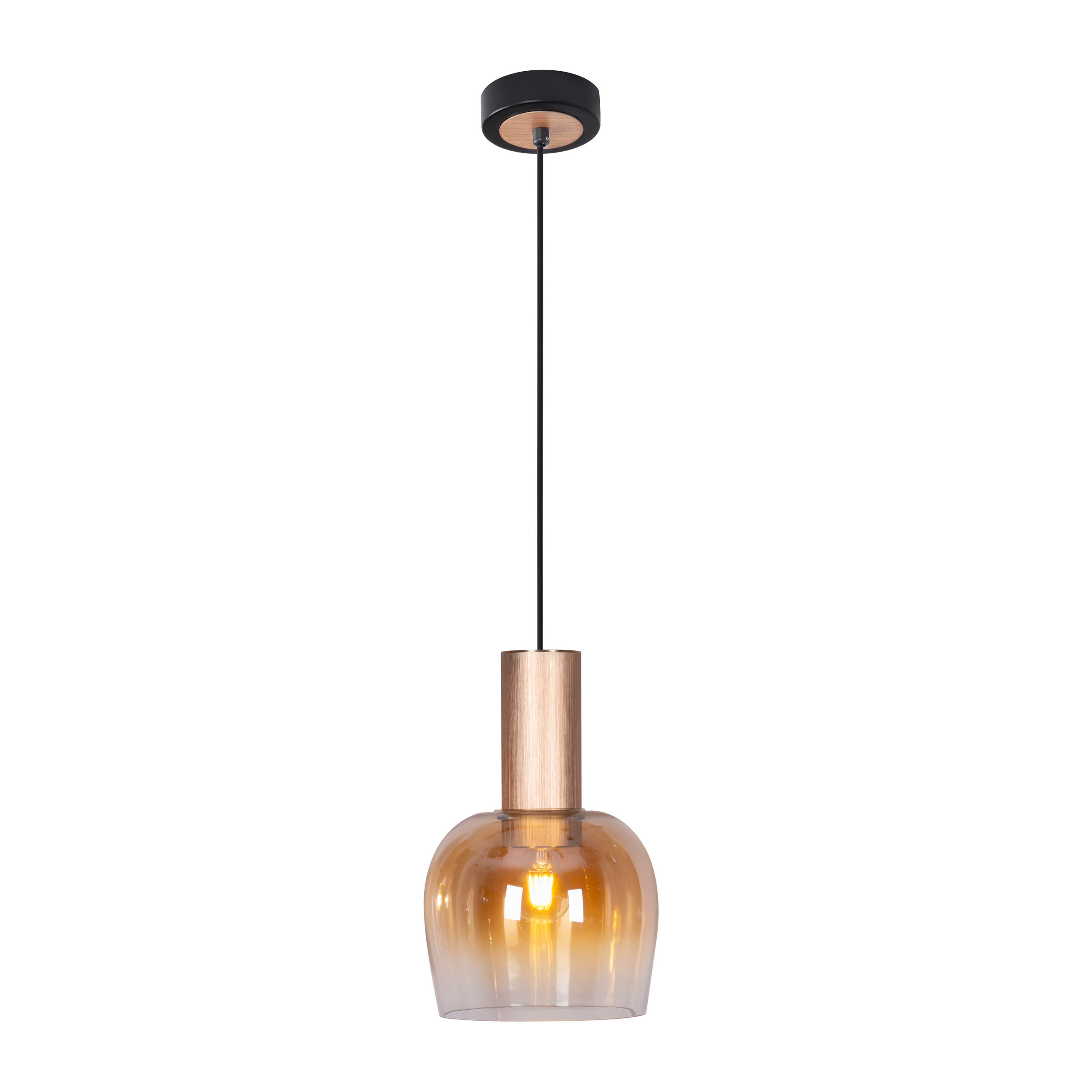 Hängeleuchte mit Holz- und Goldboden. Klares Glas, schwarze Oberseite.