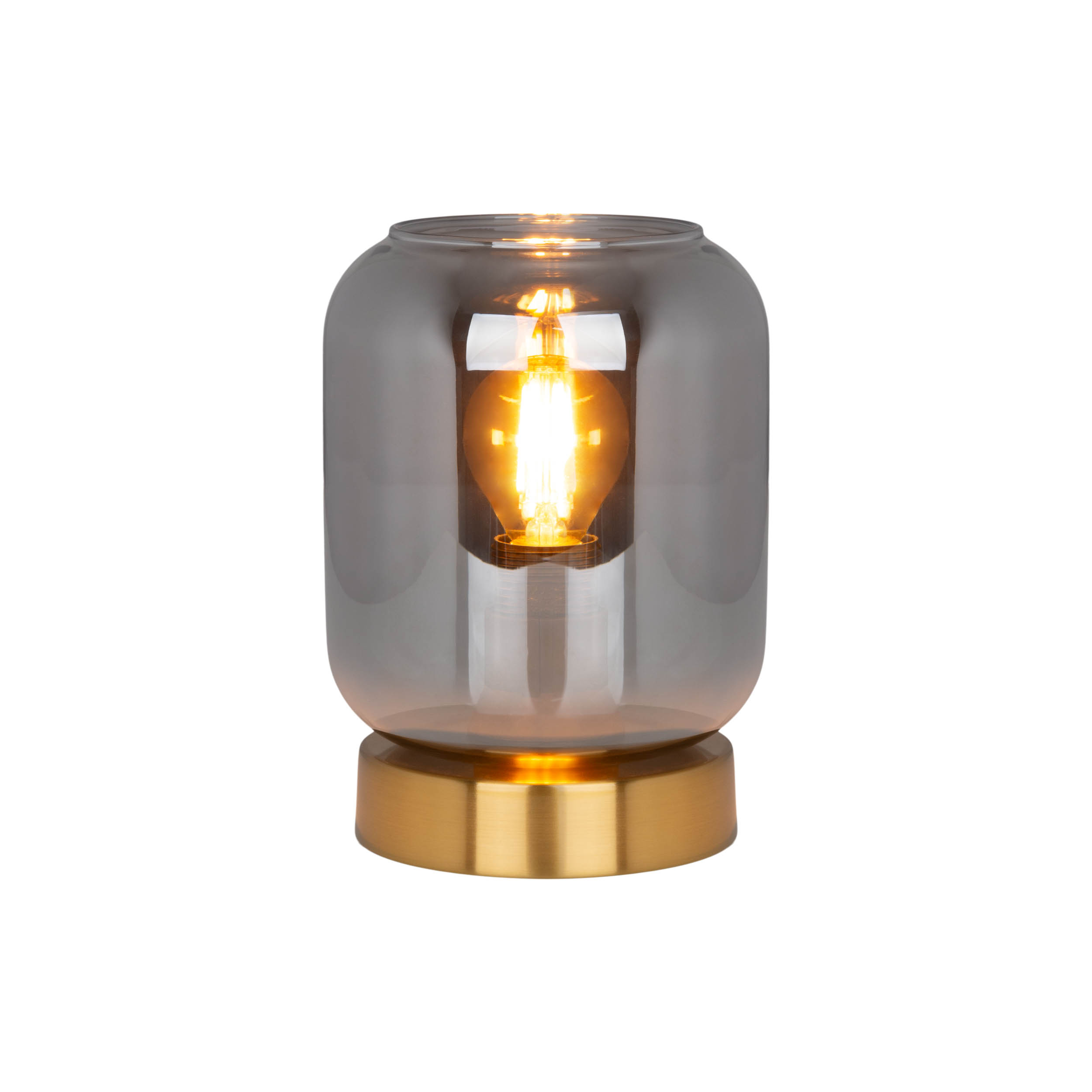 Eine Glaslampe mit goldenem Sockel. Im Inneren leuchtet eine Glühbirne, die durch das Glas sichtbar ist.