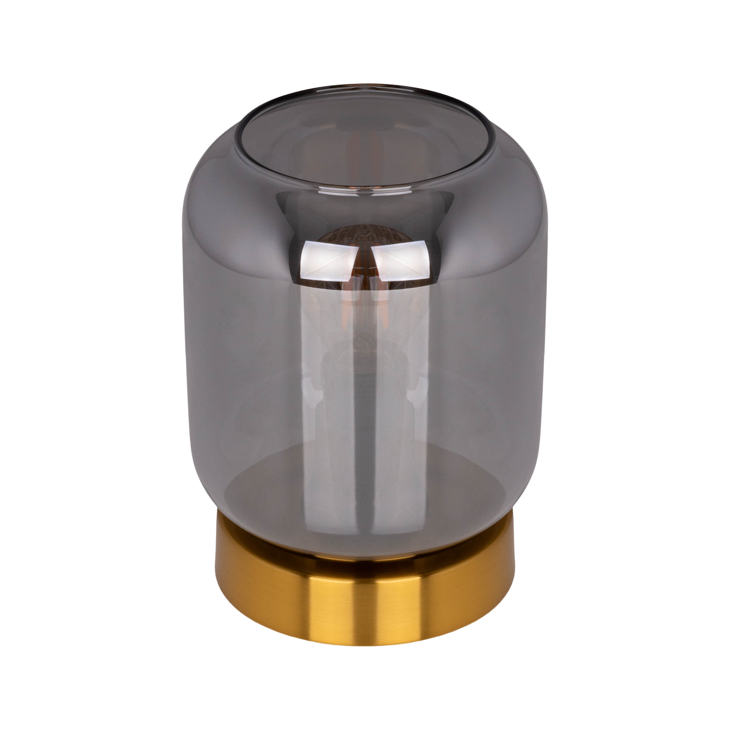 Zylindrische Glaslampe mit Goldfuß. Das Glas ist grau und das Licht ist an.