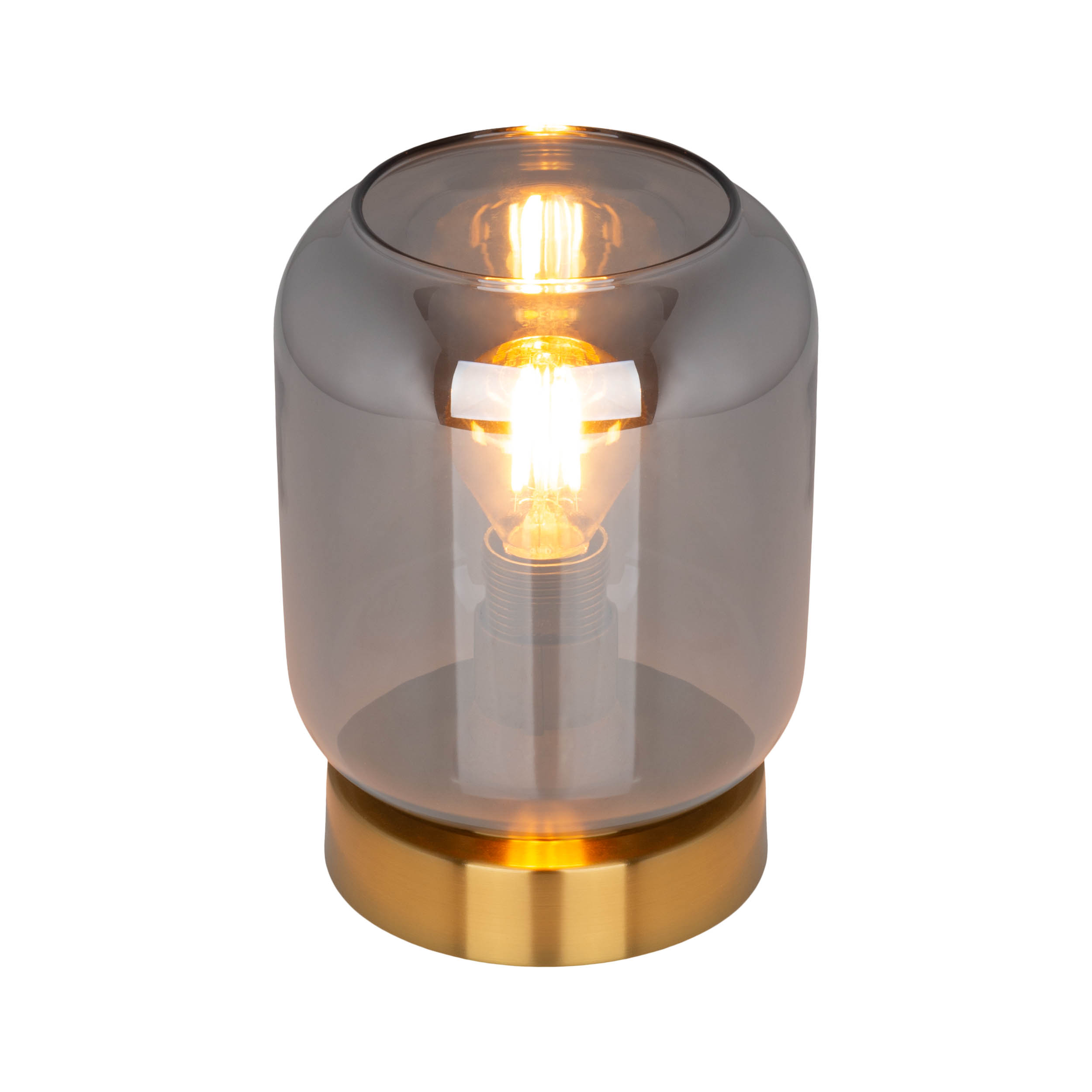 Tischlampe, Glasschirm, Glühbirne innen. Goldener Sockel. Isoliert auf Weiß. Warmes Licht.