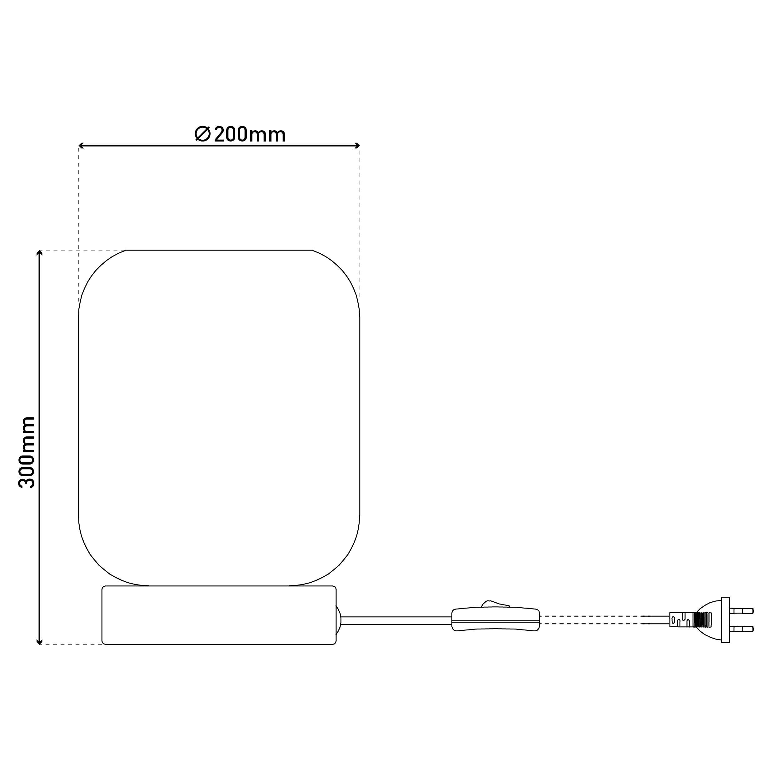 Eine weiße, oval geformte Lampe. Die Lampe hat einen Sockel und ein Netzkabel mit Stecker. Abmessungen sind angegeben.