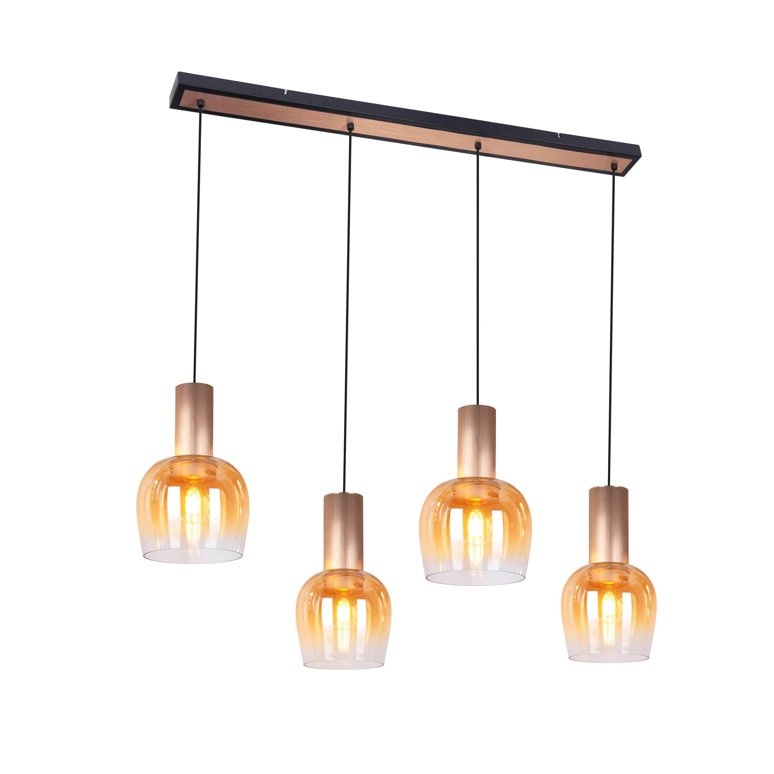 Vier Hängelampen mit orangefarbenen Glasschirmen und holzfarbenen Metallakzenten auf weißem Hintergrund.