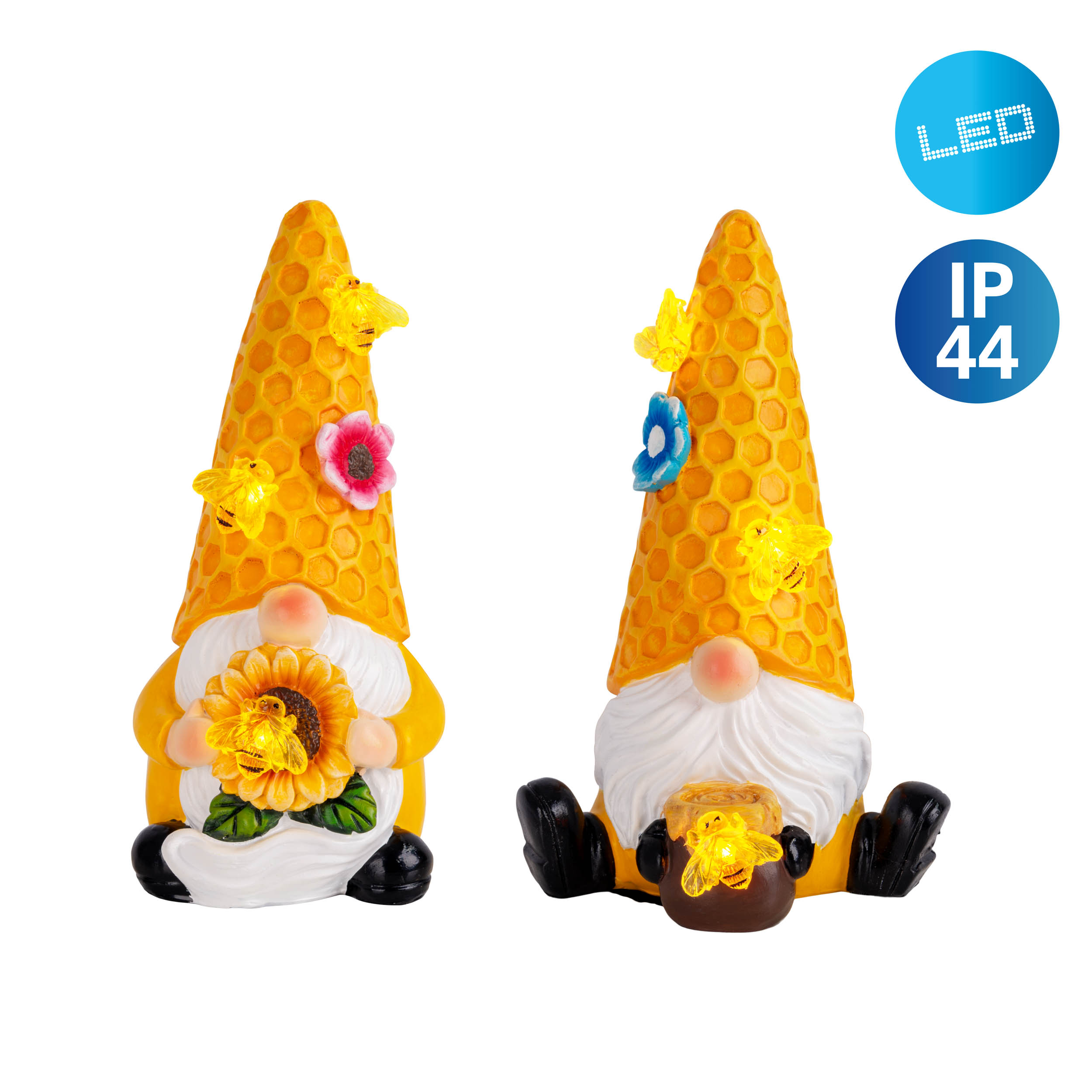 Zwei zwergähnliche Figuren mit LED-Leuchten und Bienenwabenhüten. Weißer Hintergrund.