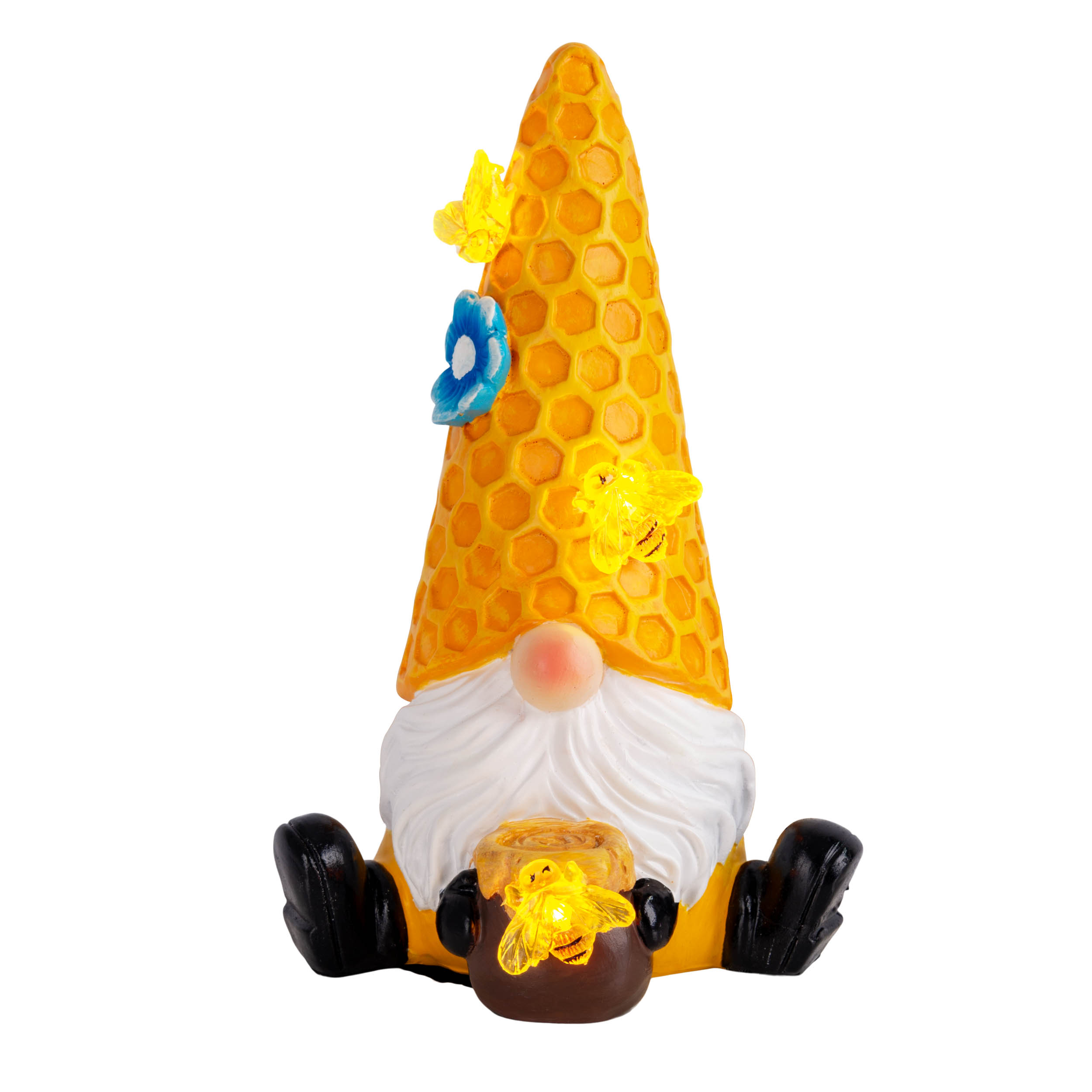 Ein Wichtel mit Honigwabenhut, der einen Honigtopf mit Bienen und Schmetterlingen hält.