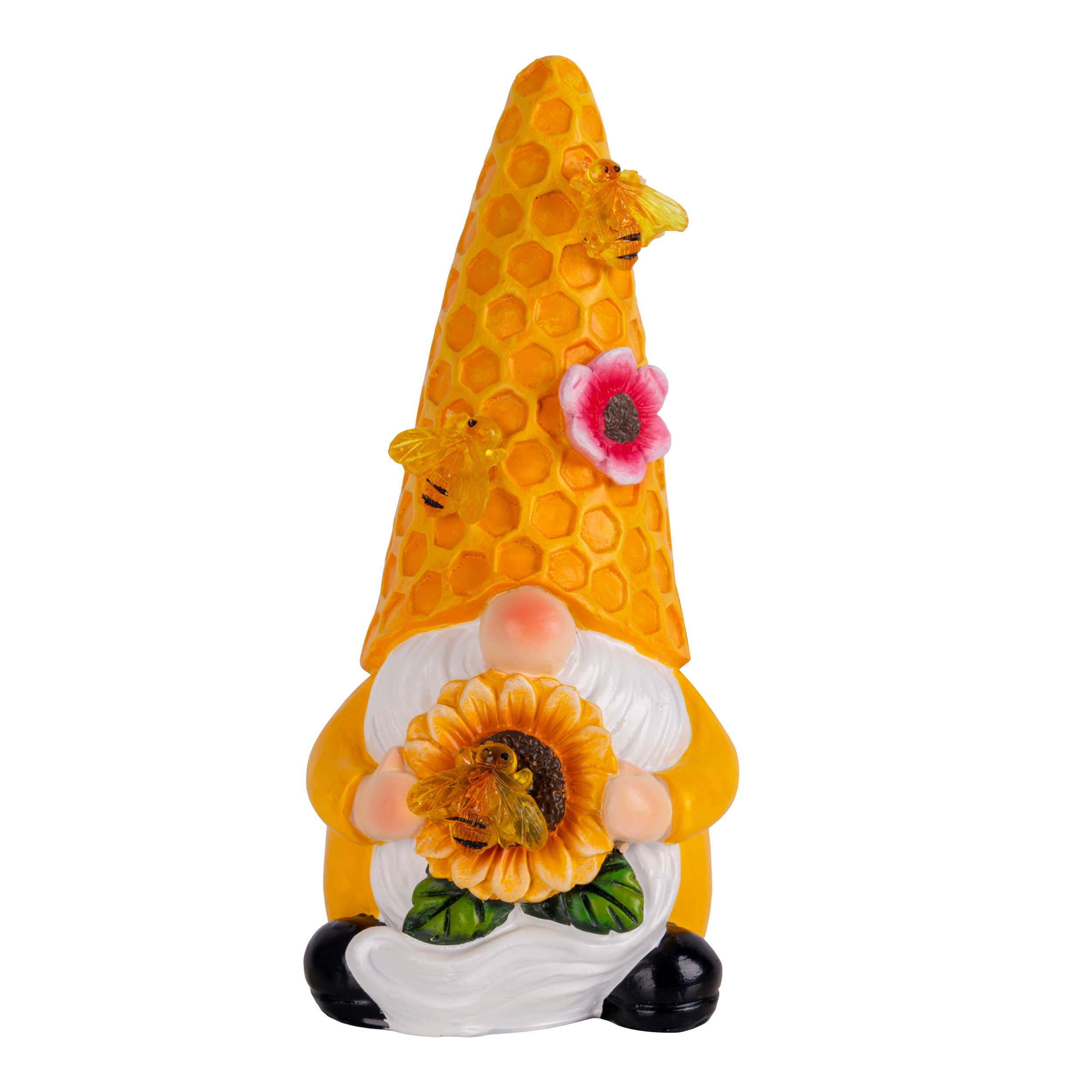 Eine Zwergfigur mit Honigwabenhut, die eine Sonnenblume hält und Bienen. Der Hintergrund ist weiß.