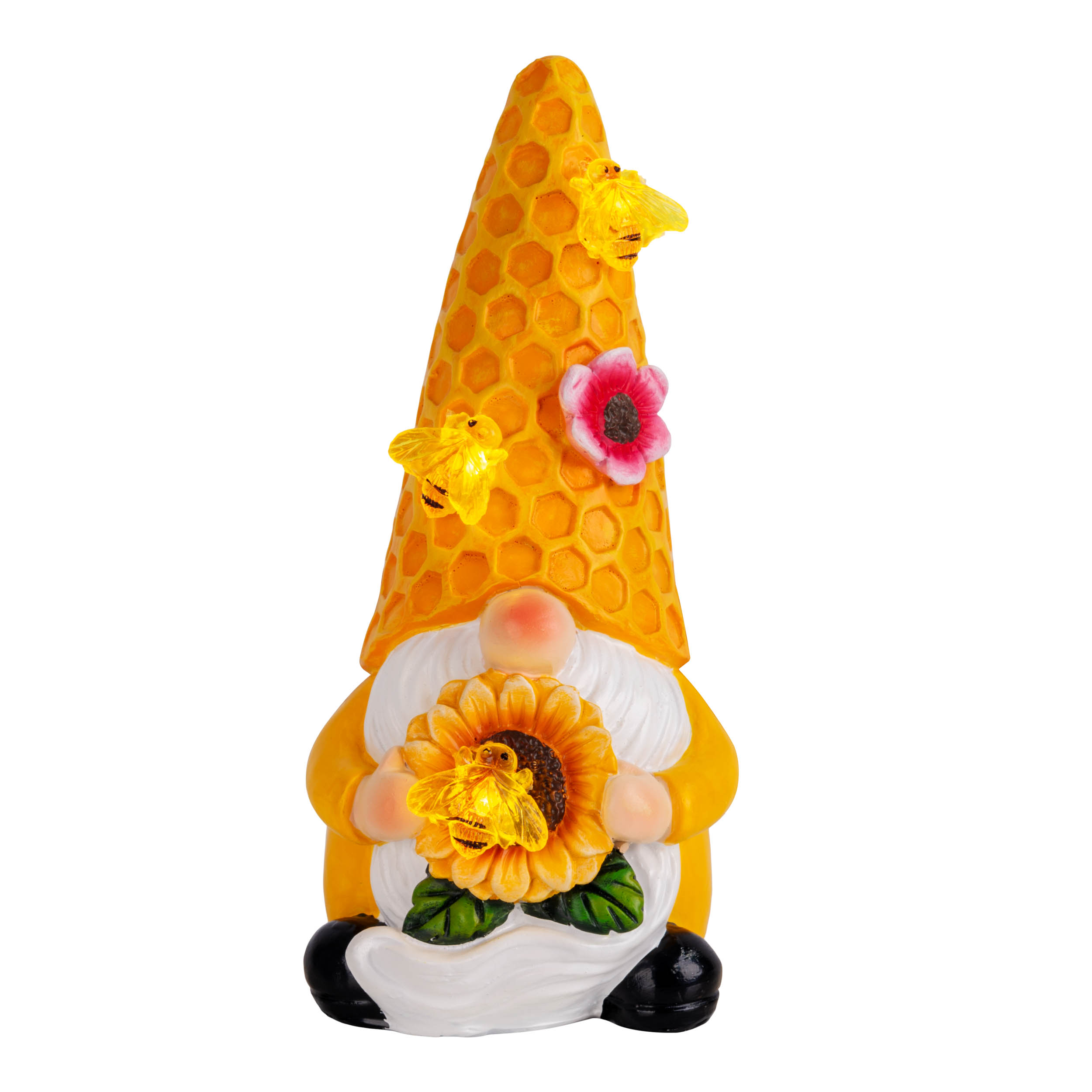 Ein dekorativer Zwerg mit gelbem Hut und Sonnenblume. Es sind Bienen befestigt, auf weißem Hintergrund.