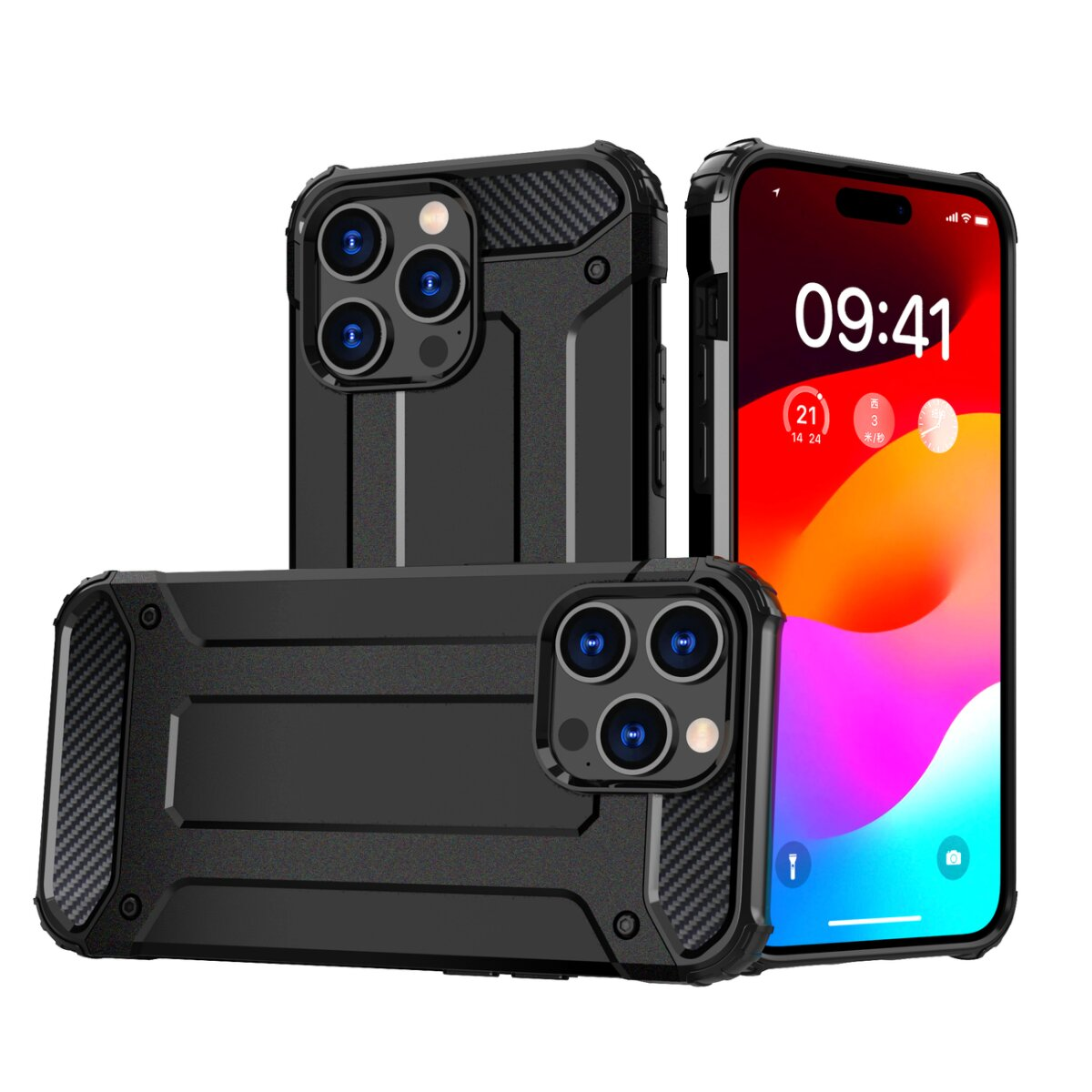 Tre telefoni, ciascuno in una custodia protettiva nera. Le custodie hanno un design strutturato. Sfondo bianco.